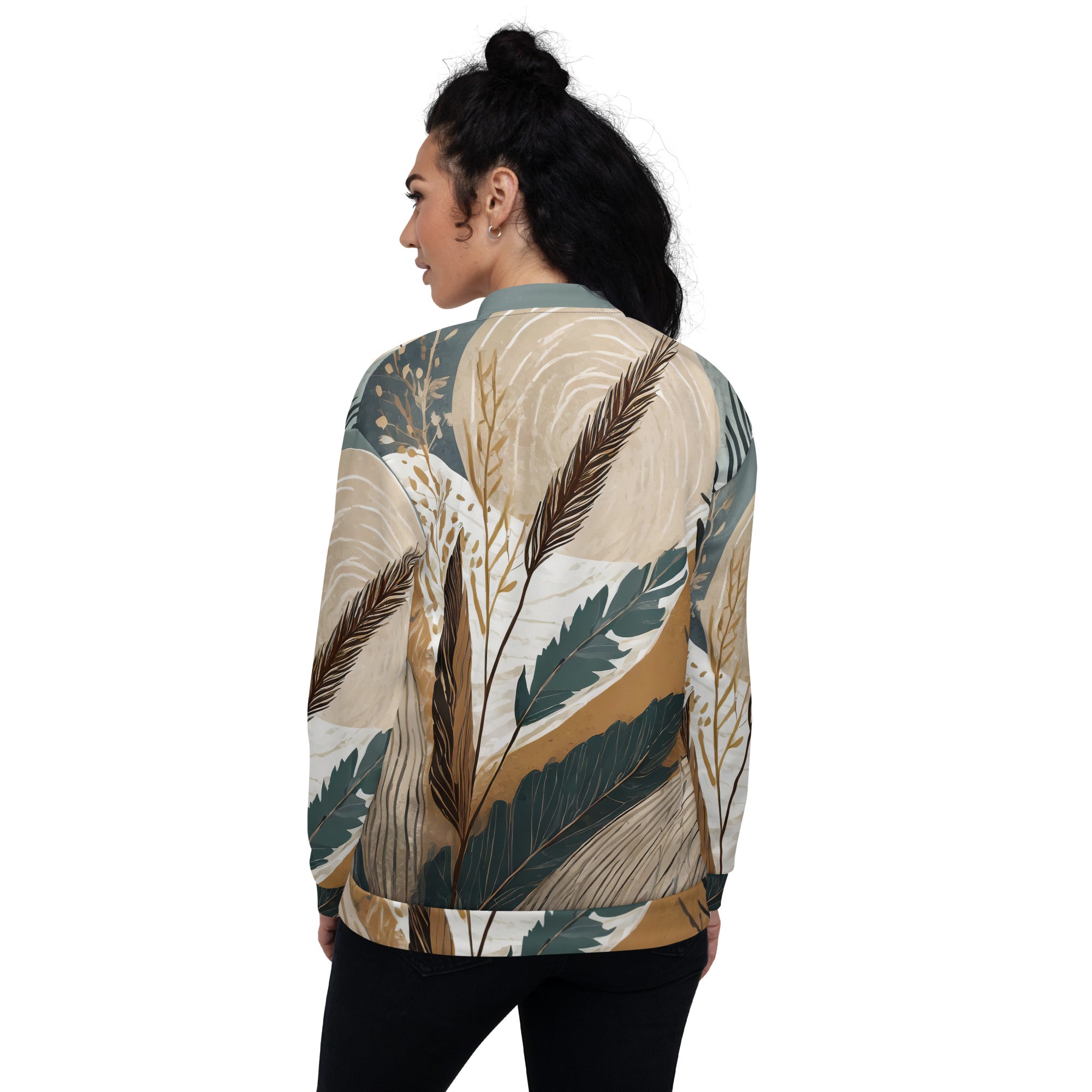 Women's Bomber Jacket featuring a vibrant boho style print, zip-front closure, and ribbed cuffs, ideal for stylish layering.