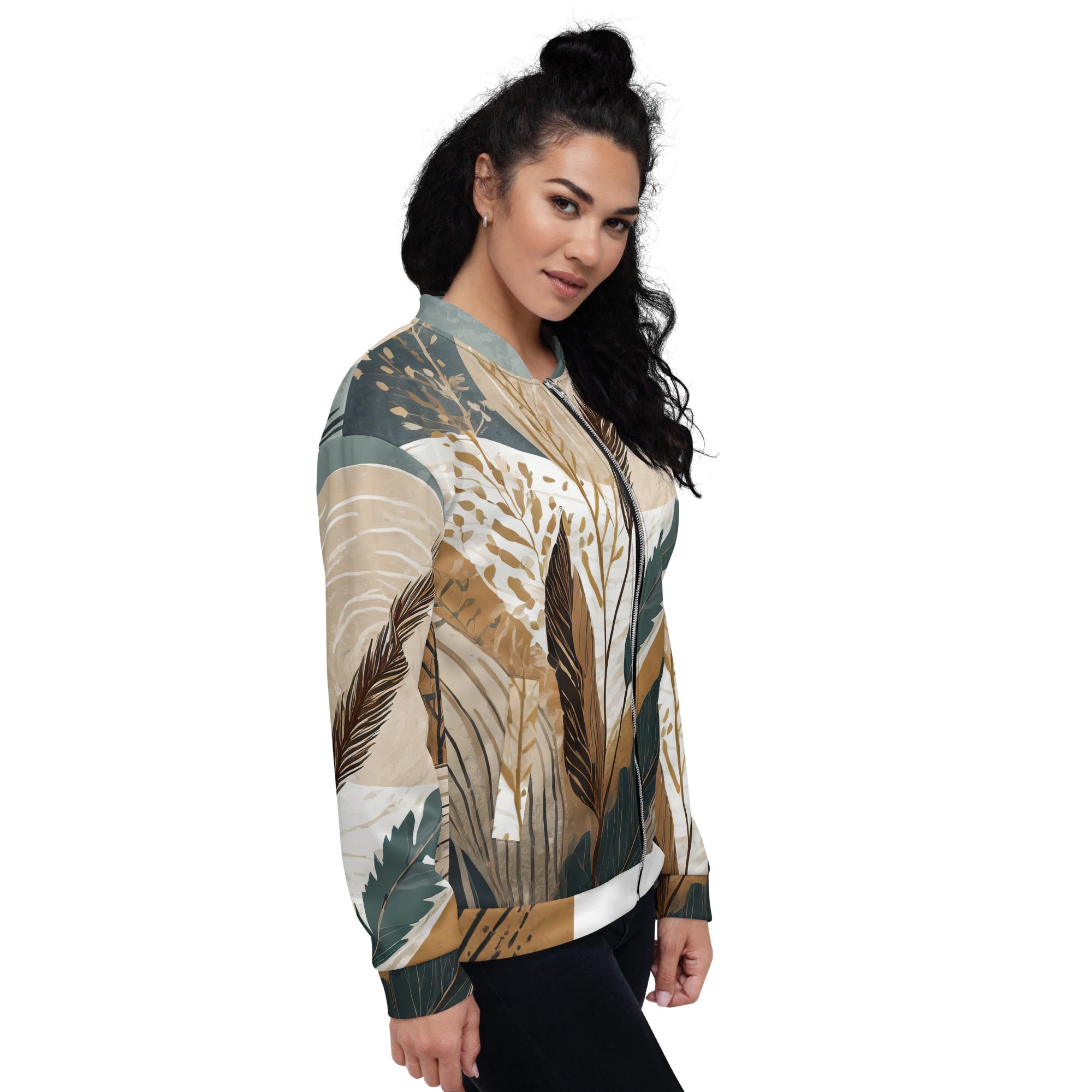 Women's Bomber Jacket featuring a vibrant boho style print, zip-front closure, and ribbed cuffs, ideal for stylish layering.