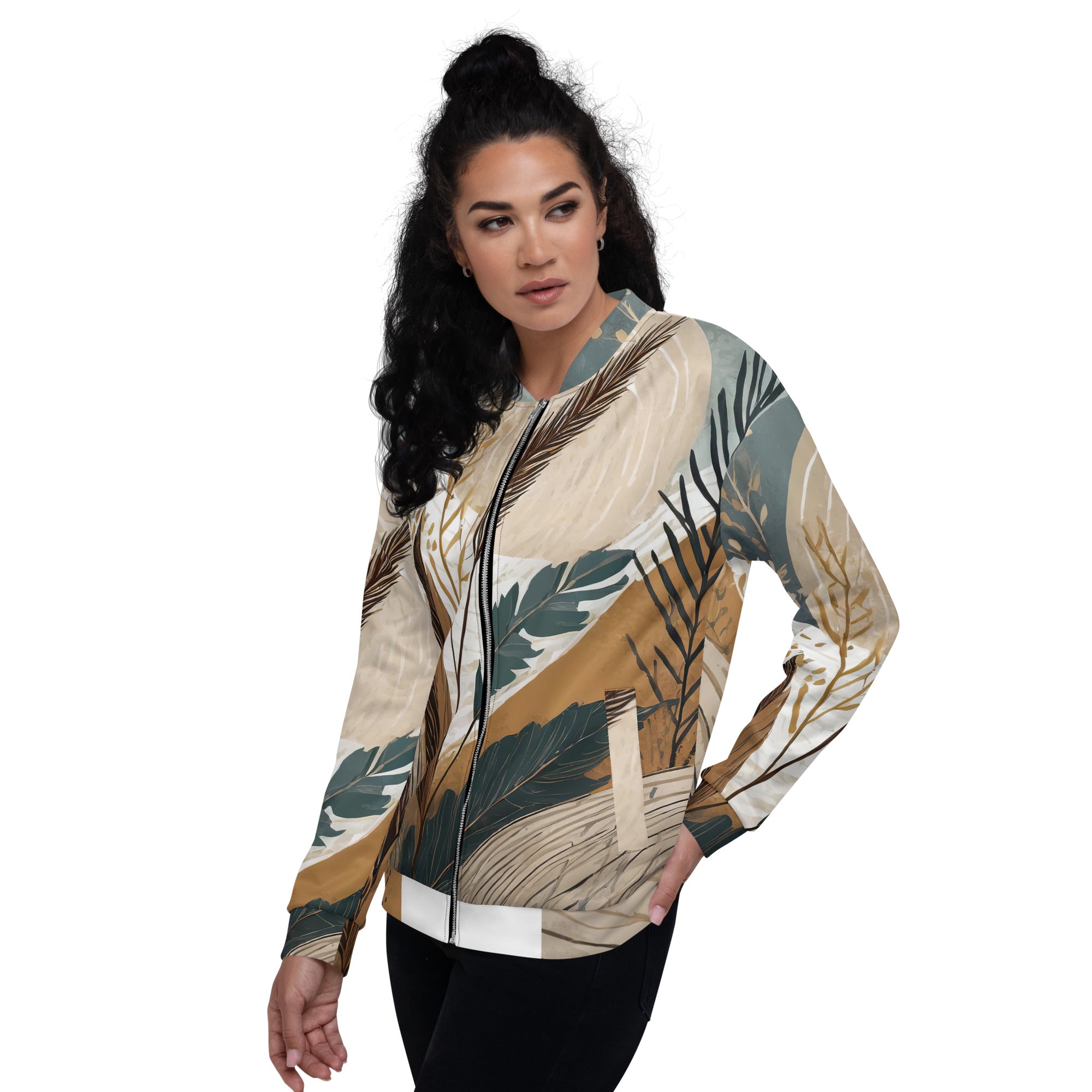 Women's Bomber Jacket featuring a vibrant boho style print, zip-front closure, and ribbed cuffs, ideal for stylish layering.