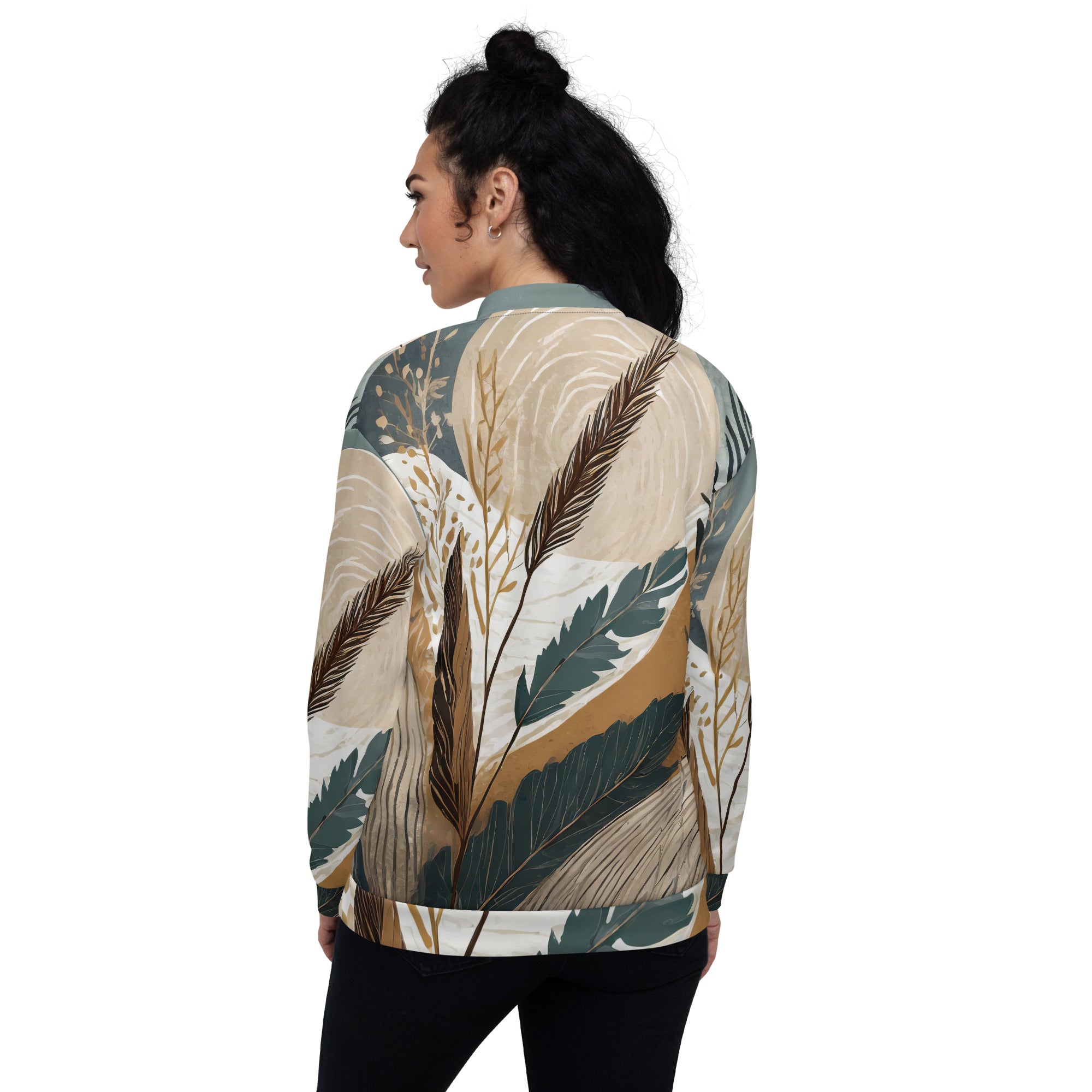 Women's bomber jacket featuring a vibrant Boho style print, zip-front closure, and ribbed cuffs, perfect for stylish layering.