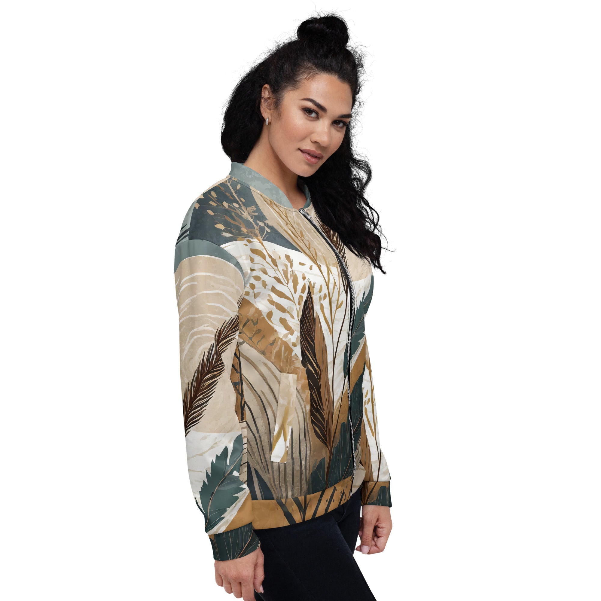 Women's bomber jacket featuring a vibrant Boho style print, zip-front closure, and ribbed cuffs, perfect for stylish layering.