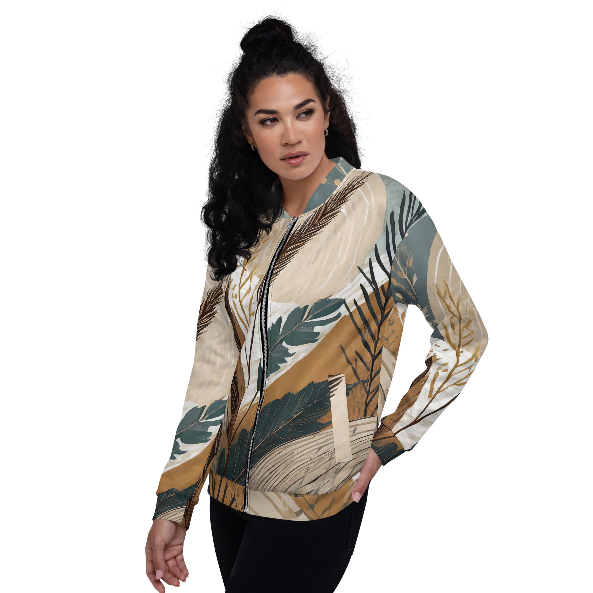 Women's bomber jacket featuring a vibrant Boho style print, zip-front closure, and ribbed cuffs, perfect for stylish layering.