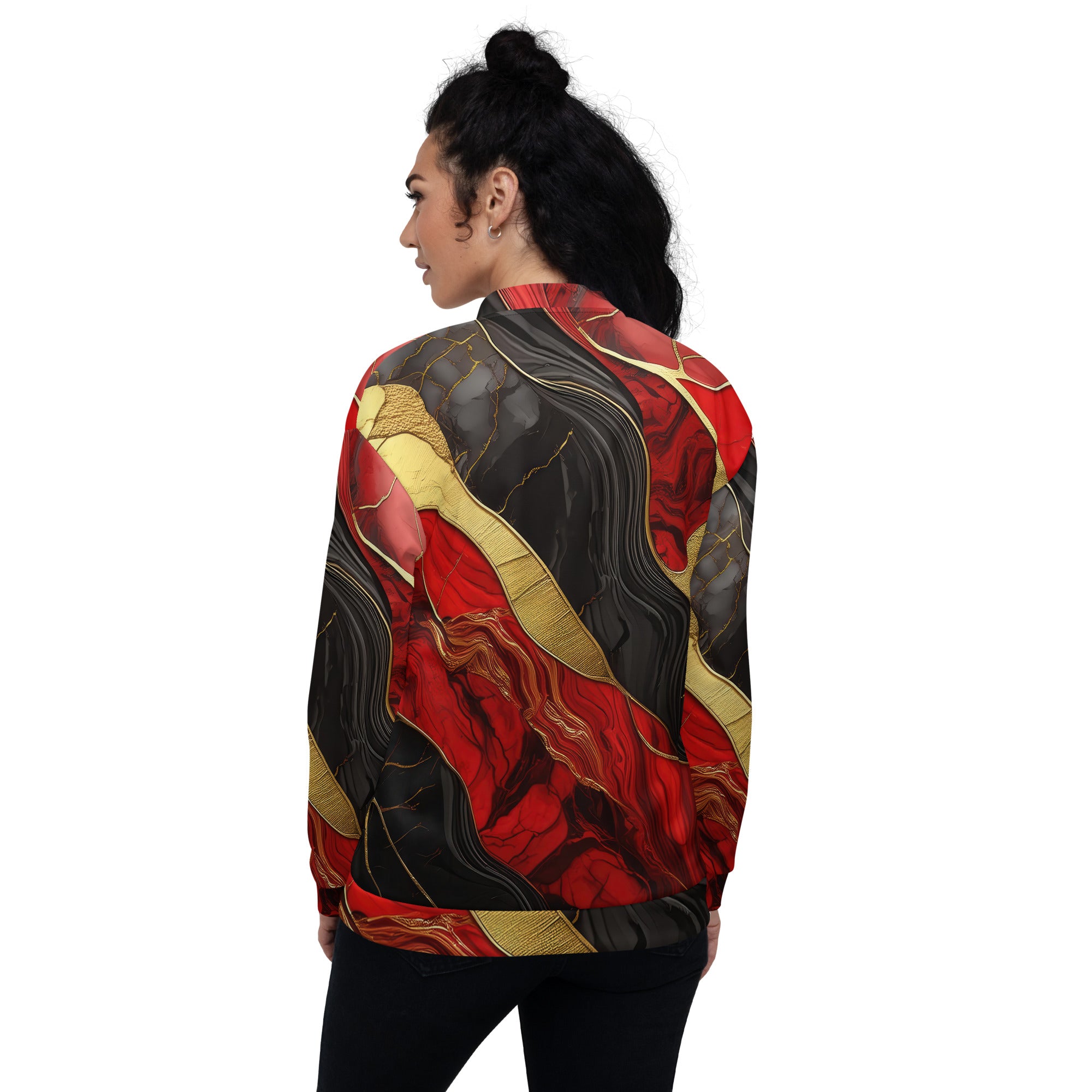 Women's bomber jacket featuring a bold red and gold tones print, zip-front closure, and ribbed cuffs, ideal for stylish layering.