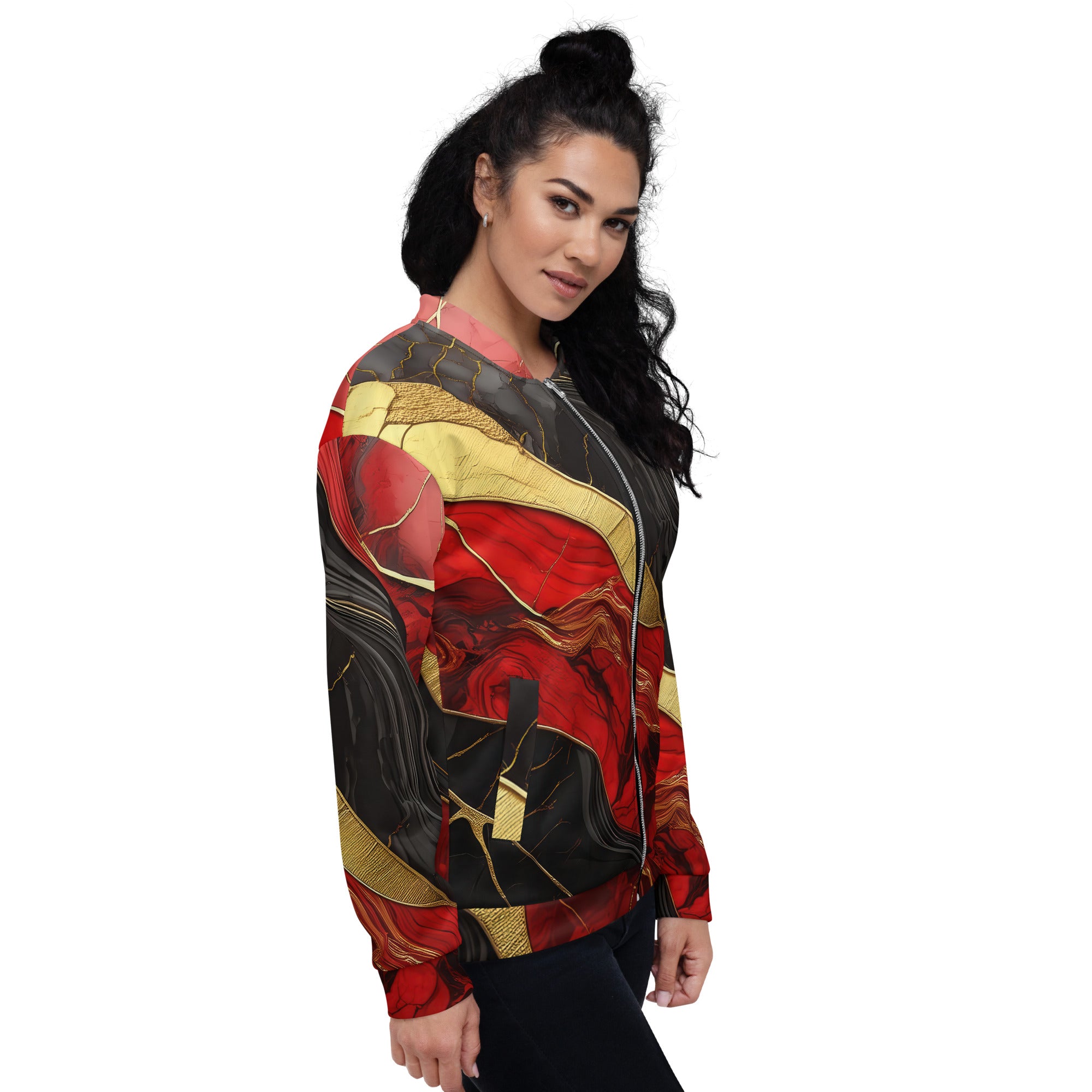 Women's bomber jacket featuring a bold red and gold tones print, zip-front closure, and ribbed cuffs, ideal for stylish layering.