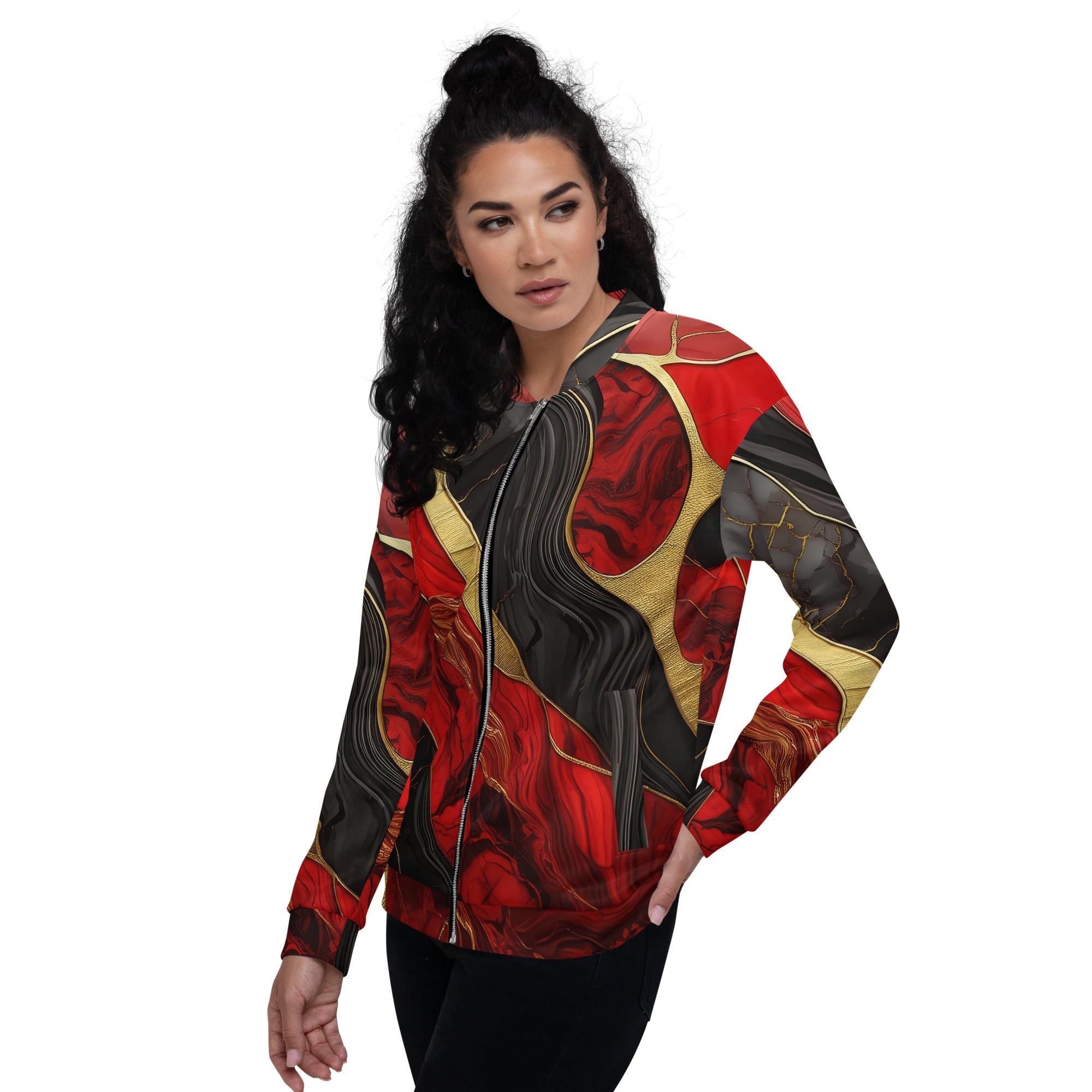 Women's bomber jacket featuring a bold red and gold tones print, zip-front closure, and ribbed cuffs, ideal for stylish layering.