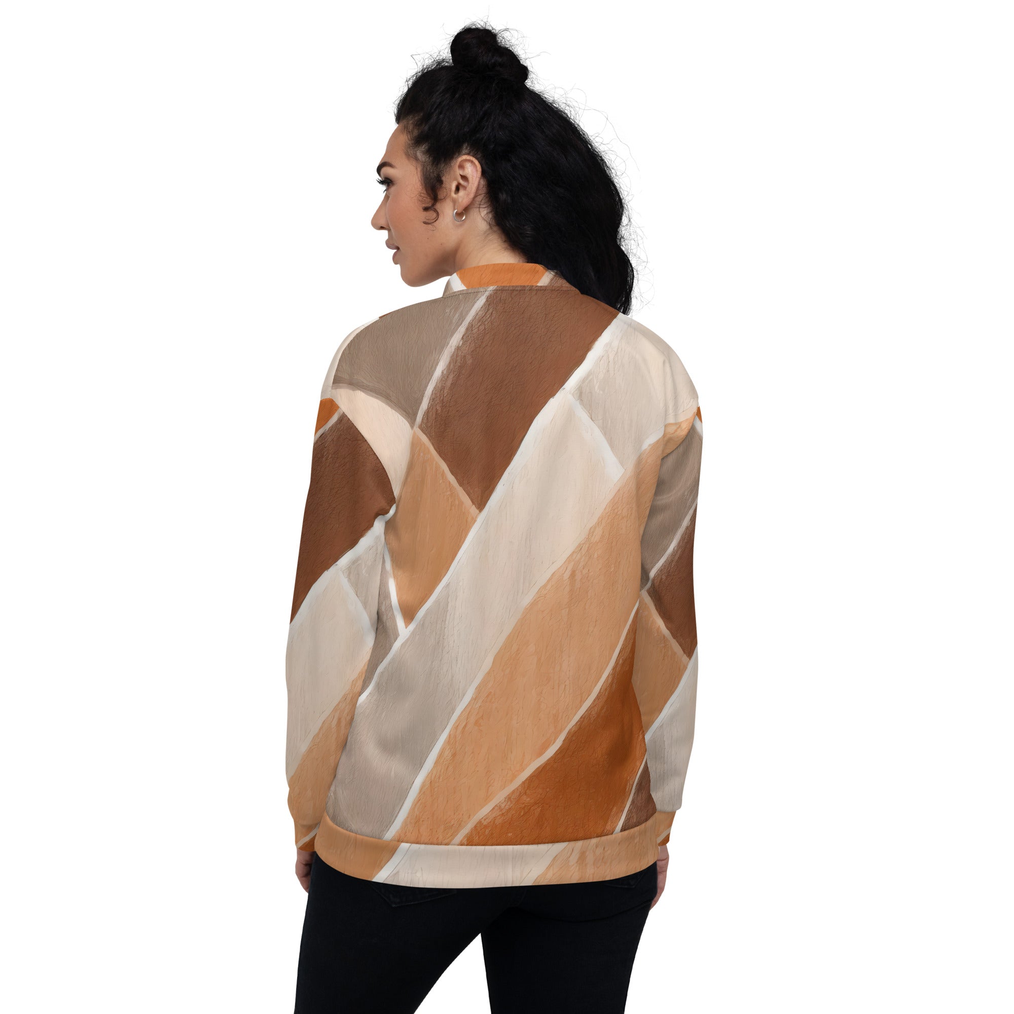 Women's bomber jacket featuring a brown rustic watercolors print, zip-front closure, and ribbed cuffs, perfect for stylish layering.