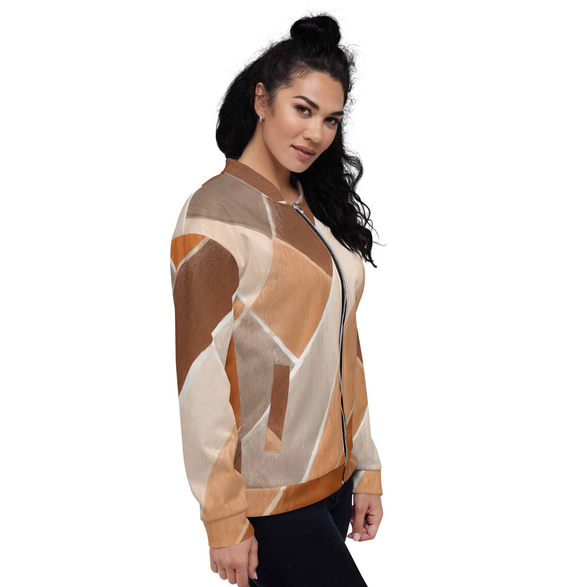 Women's bomber jacket featuring a brown rustic watercolors print, zip-front closure, and ribbed cuffs, perfect for stylish layering.