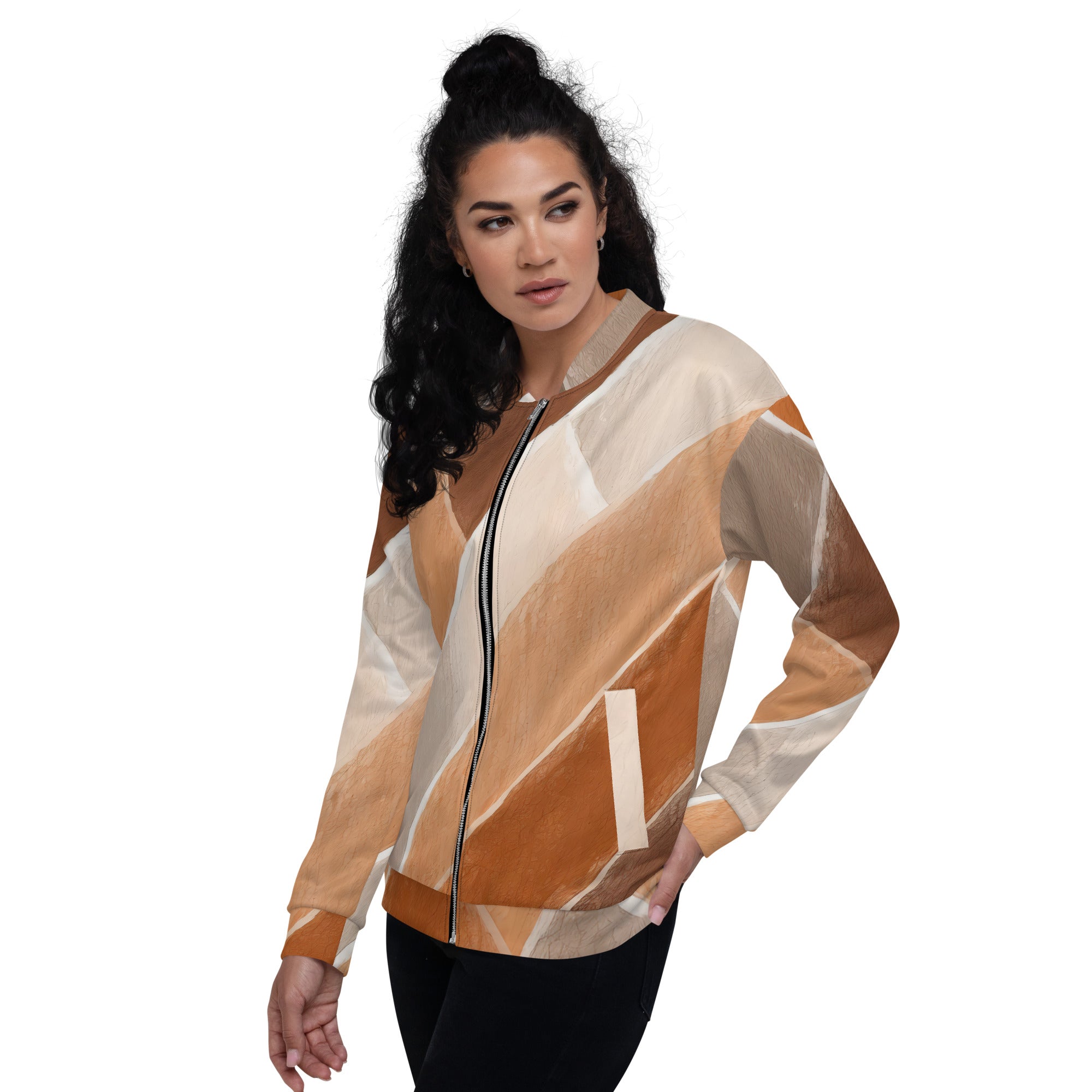 Women's bomber jacket featuring a brown rustic watercolors print, zip-front closure, and ribbed cuffs, perfect for stylish layering.