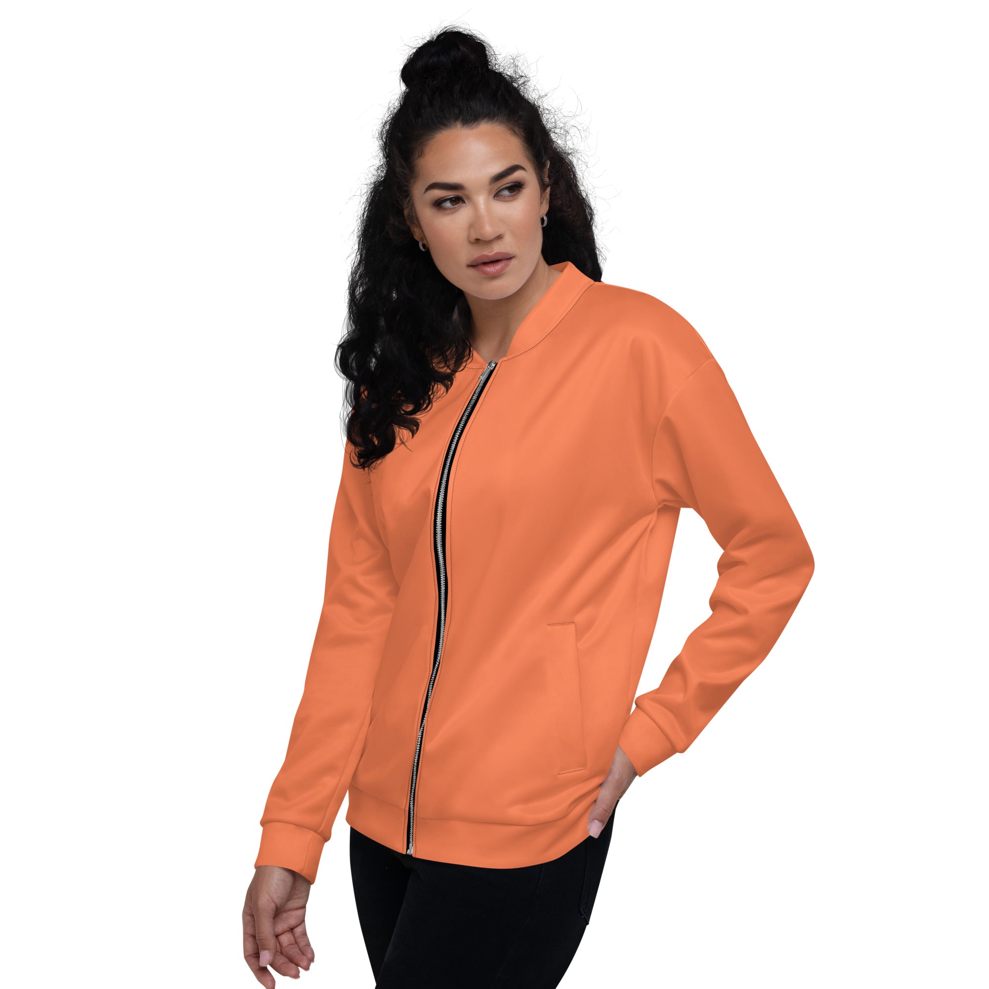 Women's Bomber Jacket in Coral Orange Red with zip-front closure and ribbed cuffs, showcasing its stylish design and functional pockets.