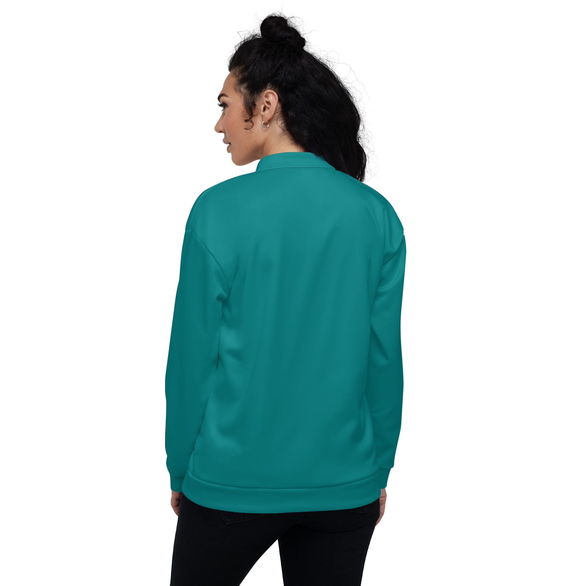 Women's bomber jacket in dark teal green with zip-front closure and ribbed cuffs, featuring multiple pockets and stylish design.