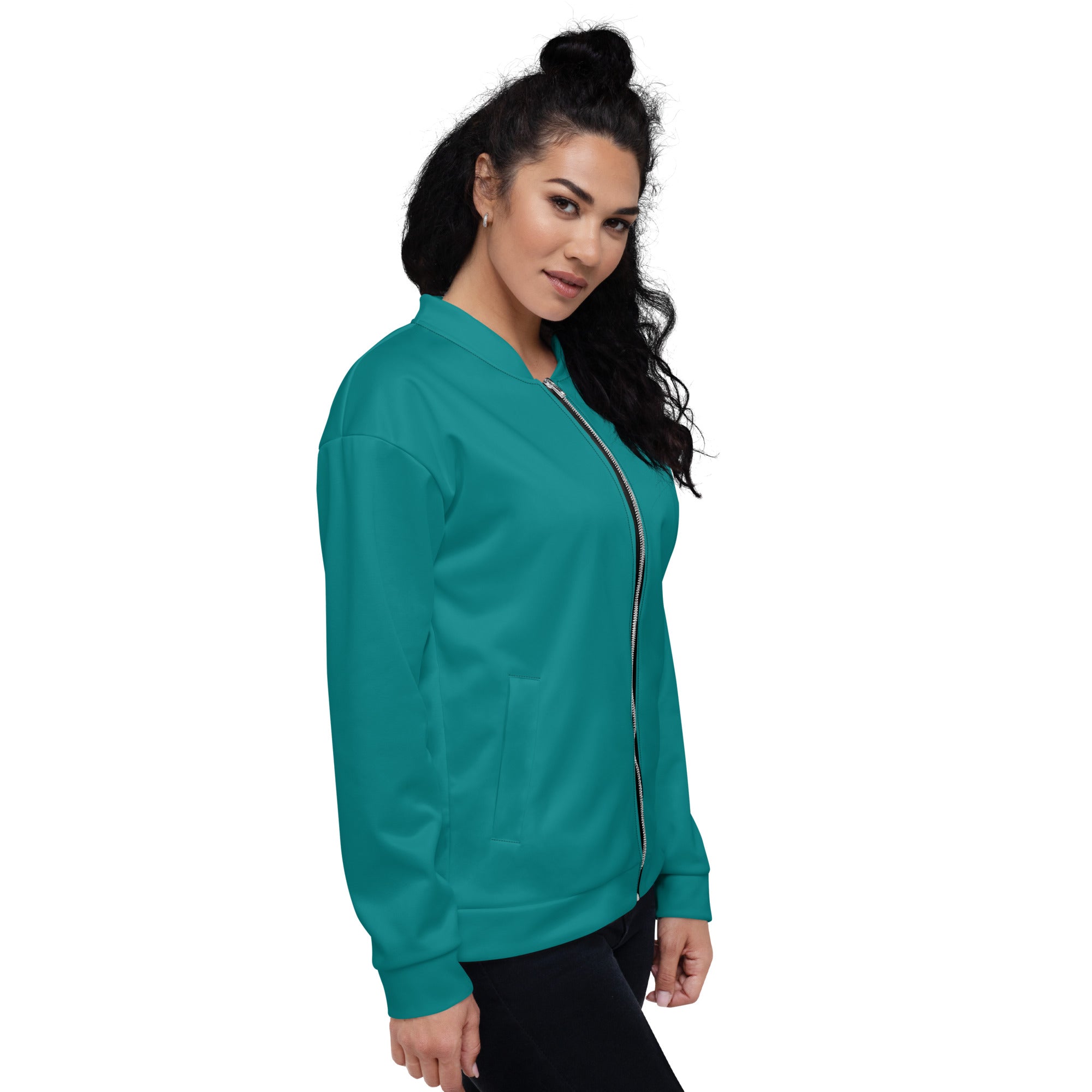 Women's bomber jacket in dark teal green with zip-front closure and ribbed cuffs, featuring multiple pockets and stylish design.