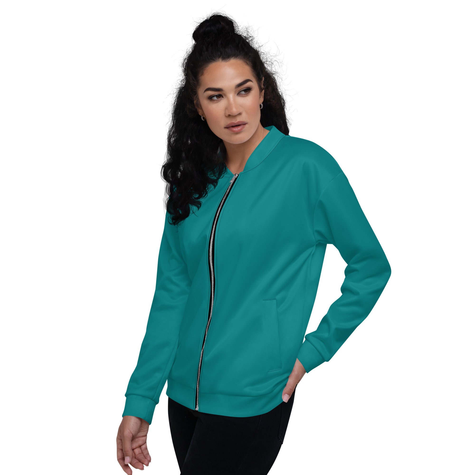 Women's bomber jacket in dark teal green with zip-front closure and ribbed cuffs, featuring multiple pockets and stylish design.