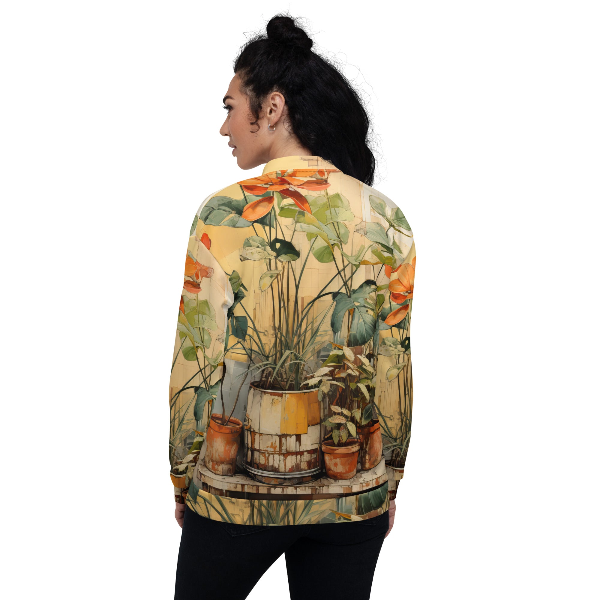 Women's bomber jacket featuring an earthy rustic potted plants print, zip-front closure, and ribbed cuffs, perfect for stylish layering.