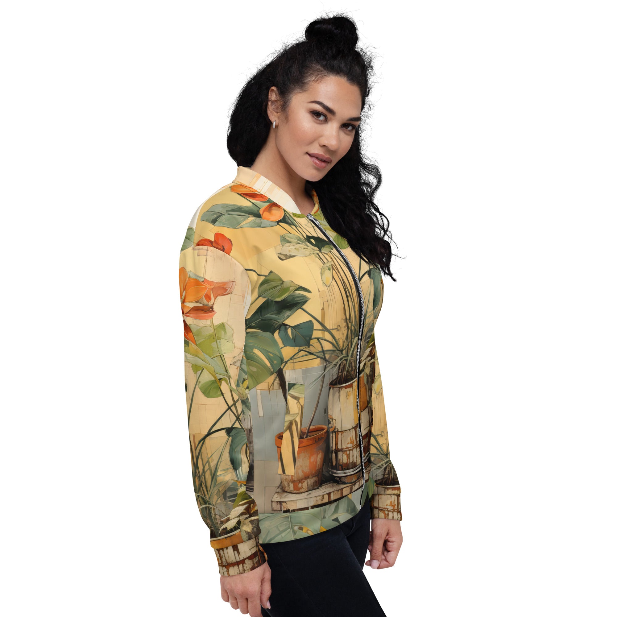 Women's bomber jacket featuring an earthy rustic potted plants print, zip-front closure, and ribbed cuffs, perfect for stylish layering.