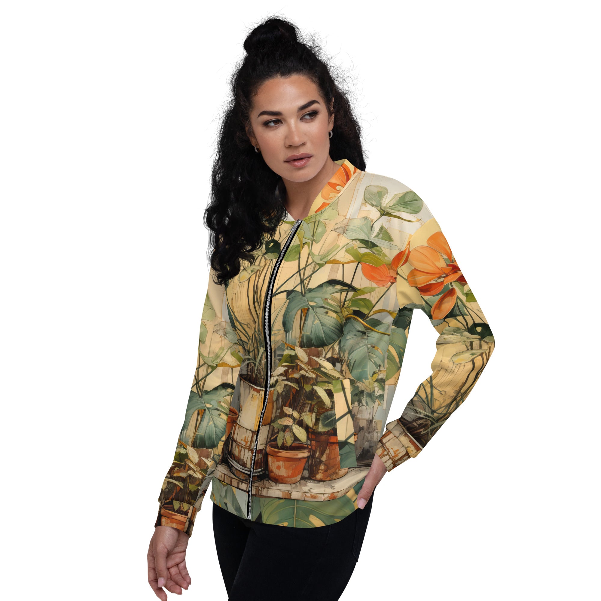 Women's bomber jacket featuring an earthy rustic potted plants print, zip-front closure, and ribbed cuffs, perfect for stylish layering.