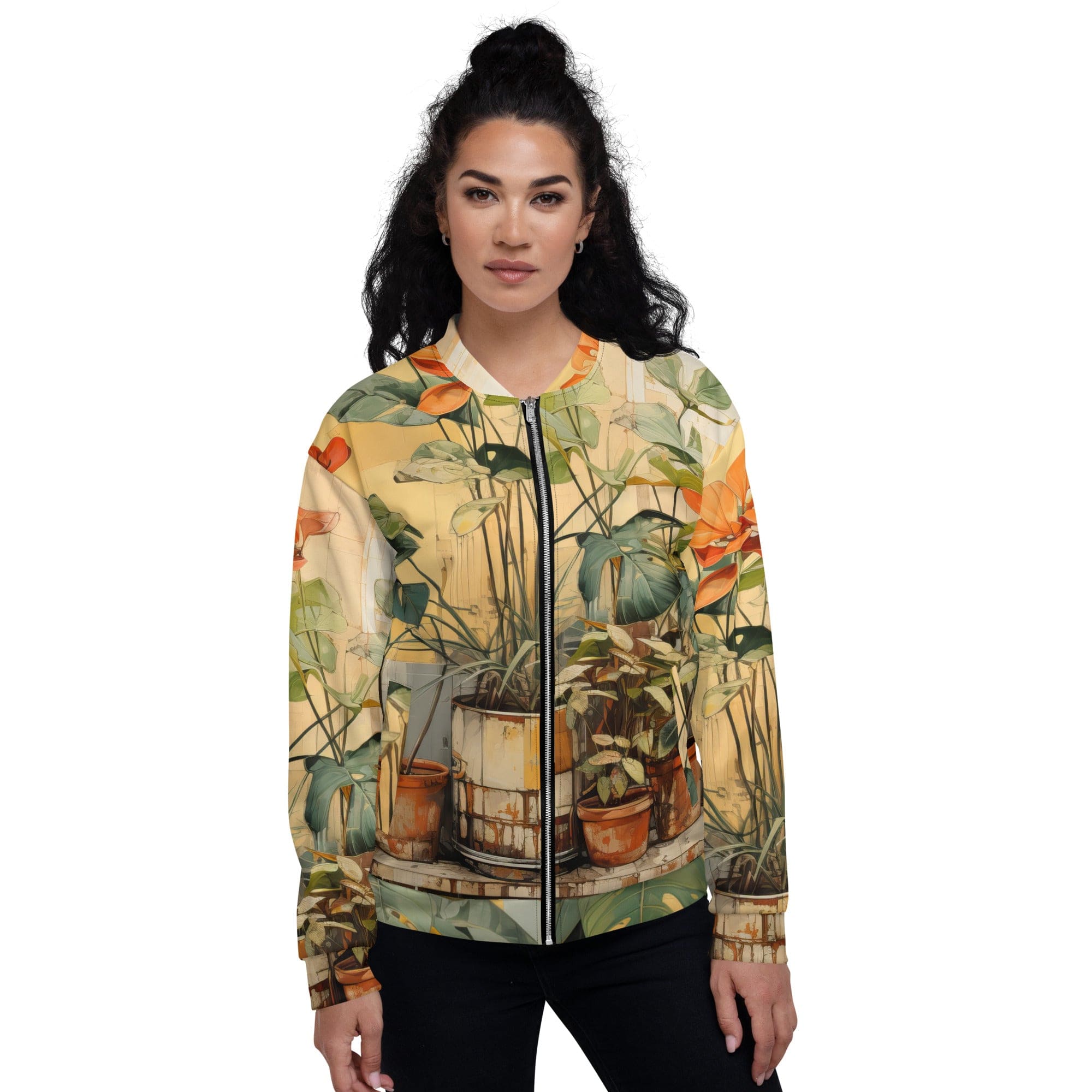 Women's bomber jacket featuring an earthy rustic potted plants print, zip-front closure, and ribbed cuffs, perfect for stylish layering.