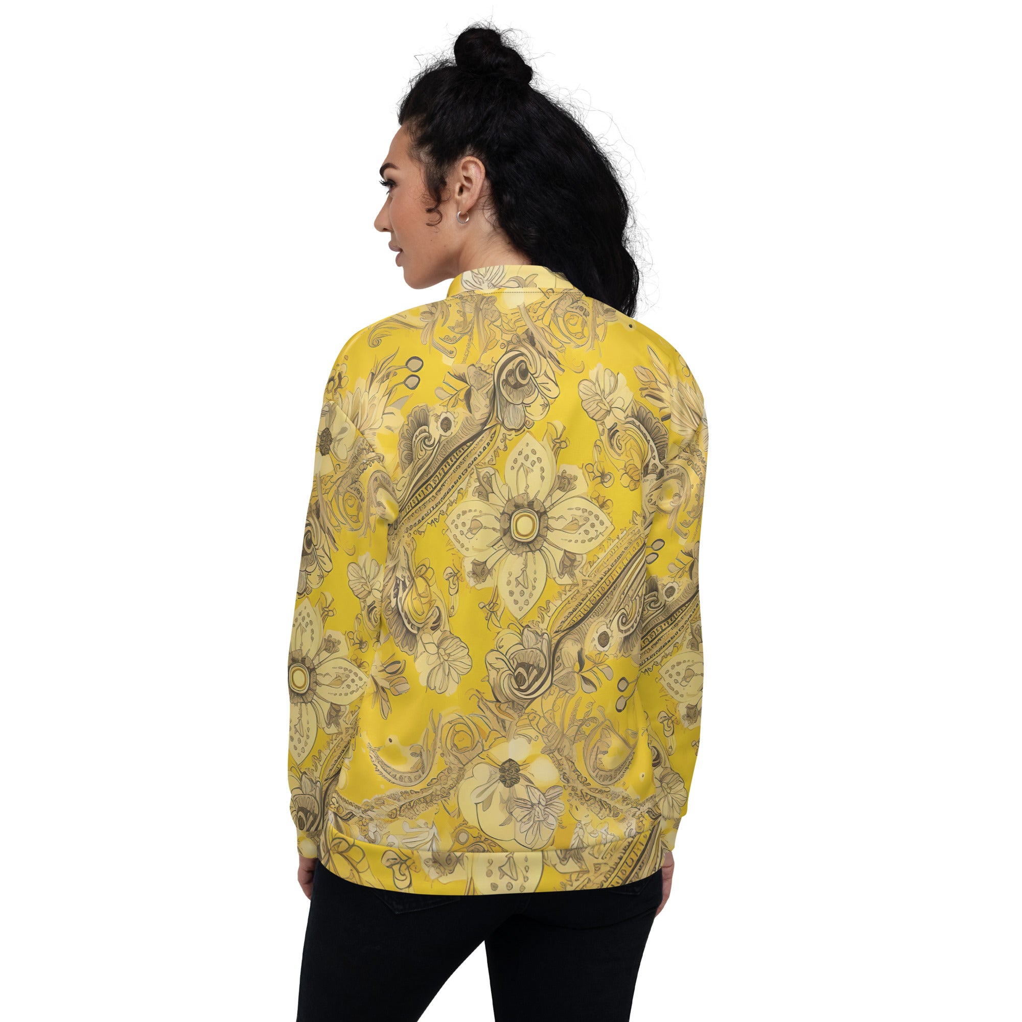 Women's bomber jacket featuring a vibrant floral yellow bandanna print, zip-front closure, and ribbed cuffs, ideal for stylish layering.