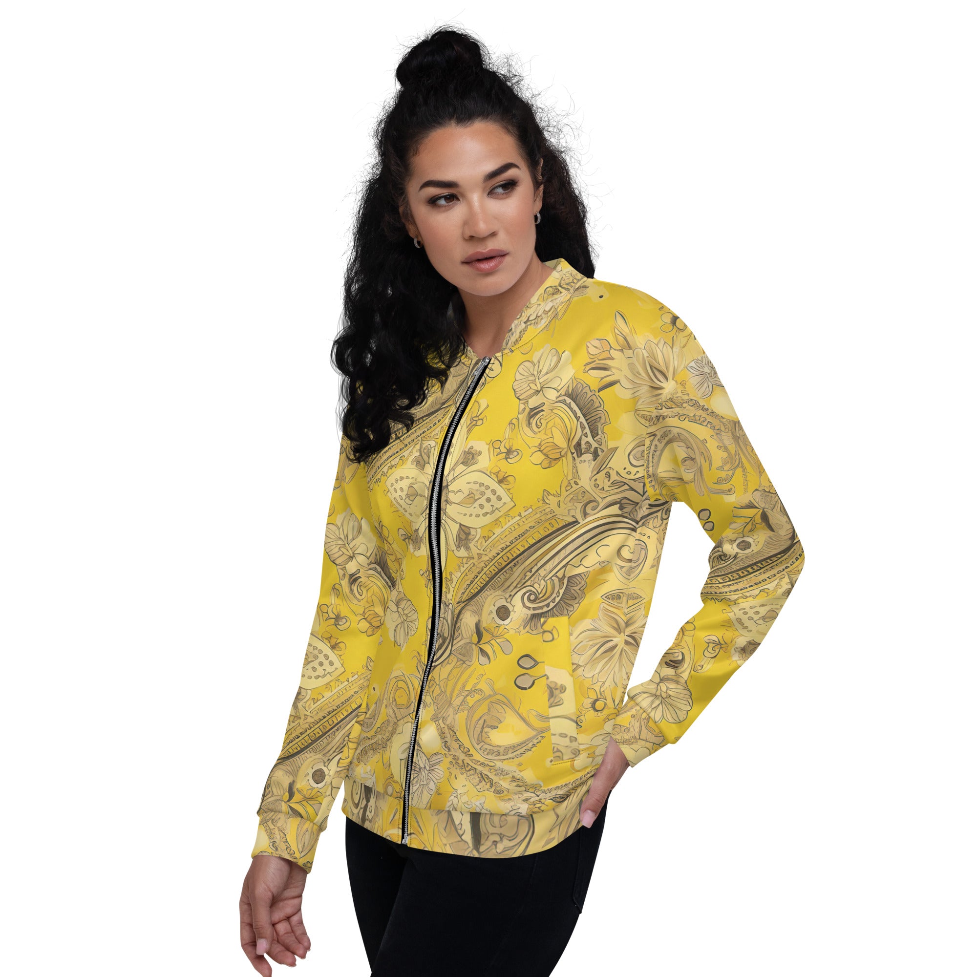 Women's bomber jacket featuring a vibrant floral yellow bandanna print, zip-front closure, and ribbed cuffs, ideal for stylish layering.