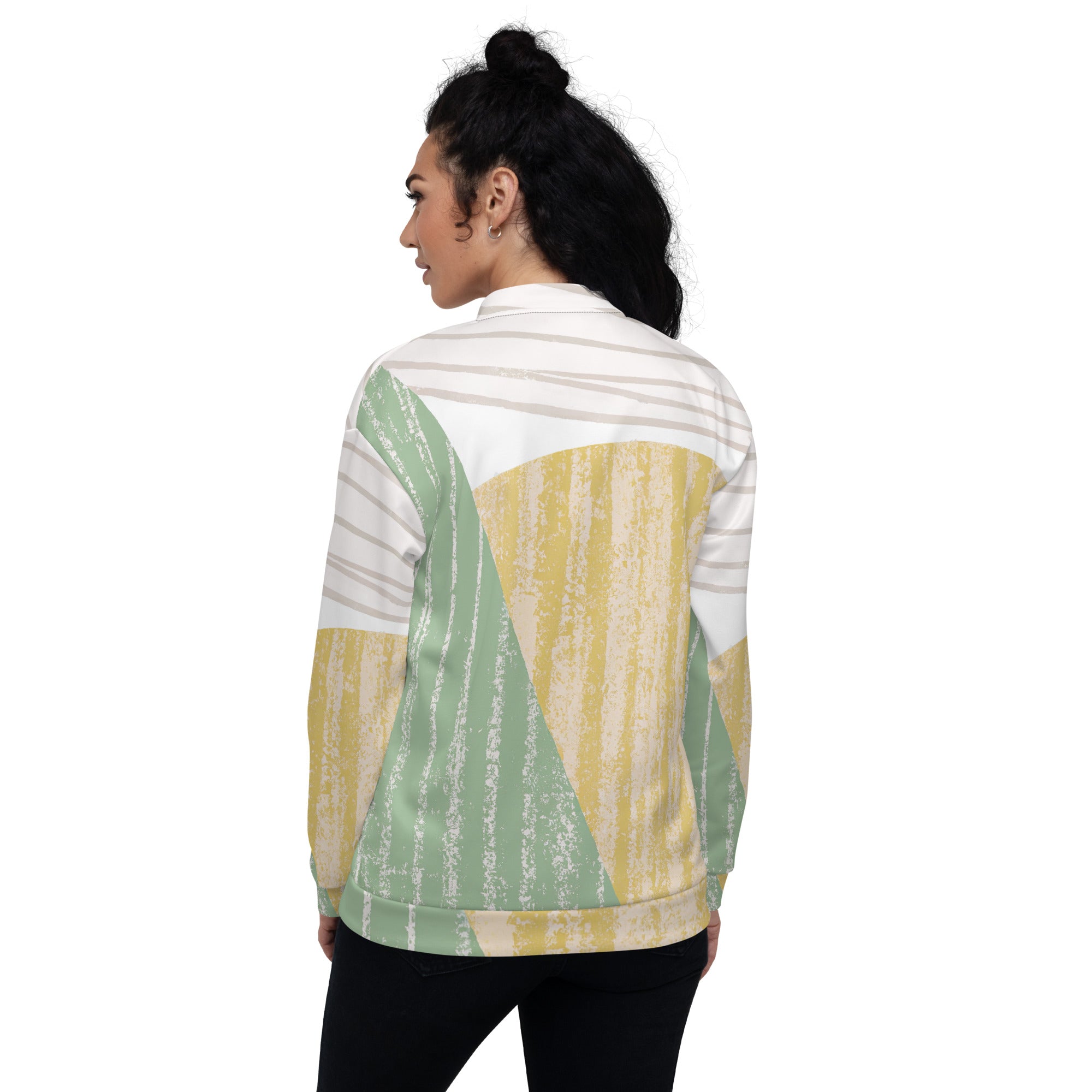 Women's bomber jacket featuring a green textured boho pattern, zip-front closure, and ribbed cuffs, ideal for stylish layering.