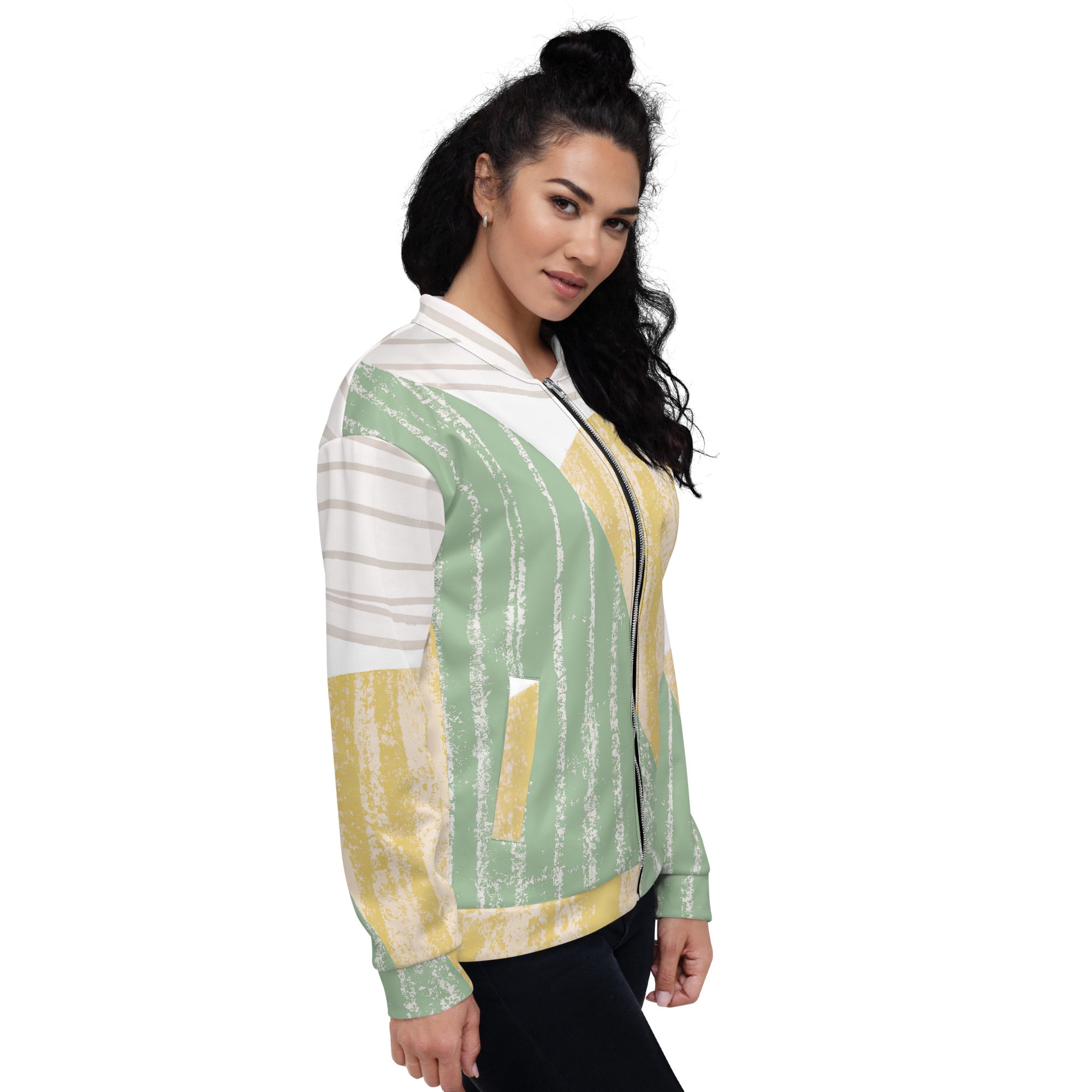 Women's bomber jacket featuring a green textured boho pattern, zip-front closure, and ribbed cuffs, ideal for stylish layering.