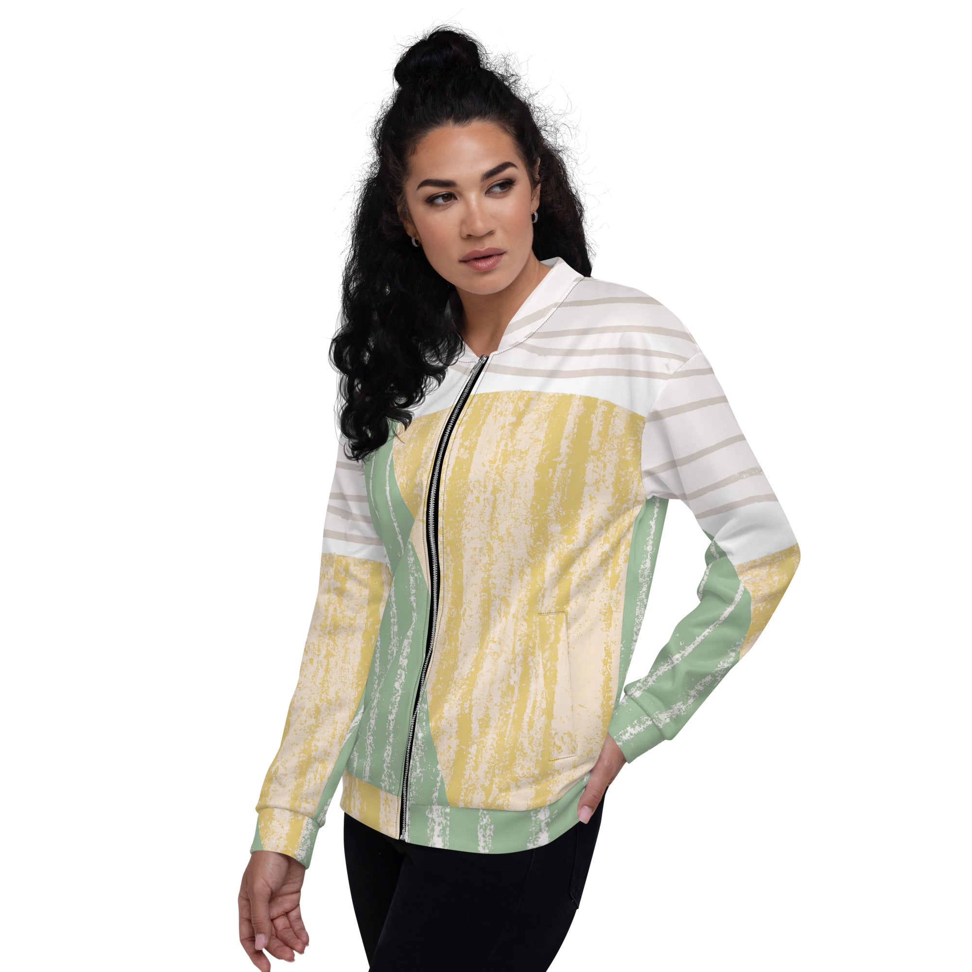 Women's bomber jacket featuring a green textured boho pattern, zip-front closure, and ribbed cuffs, ideal for stylish layering.