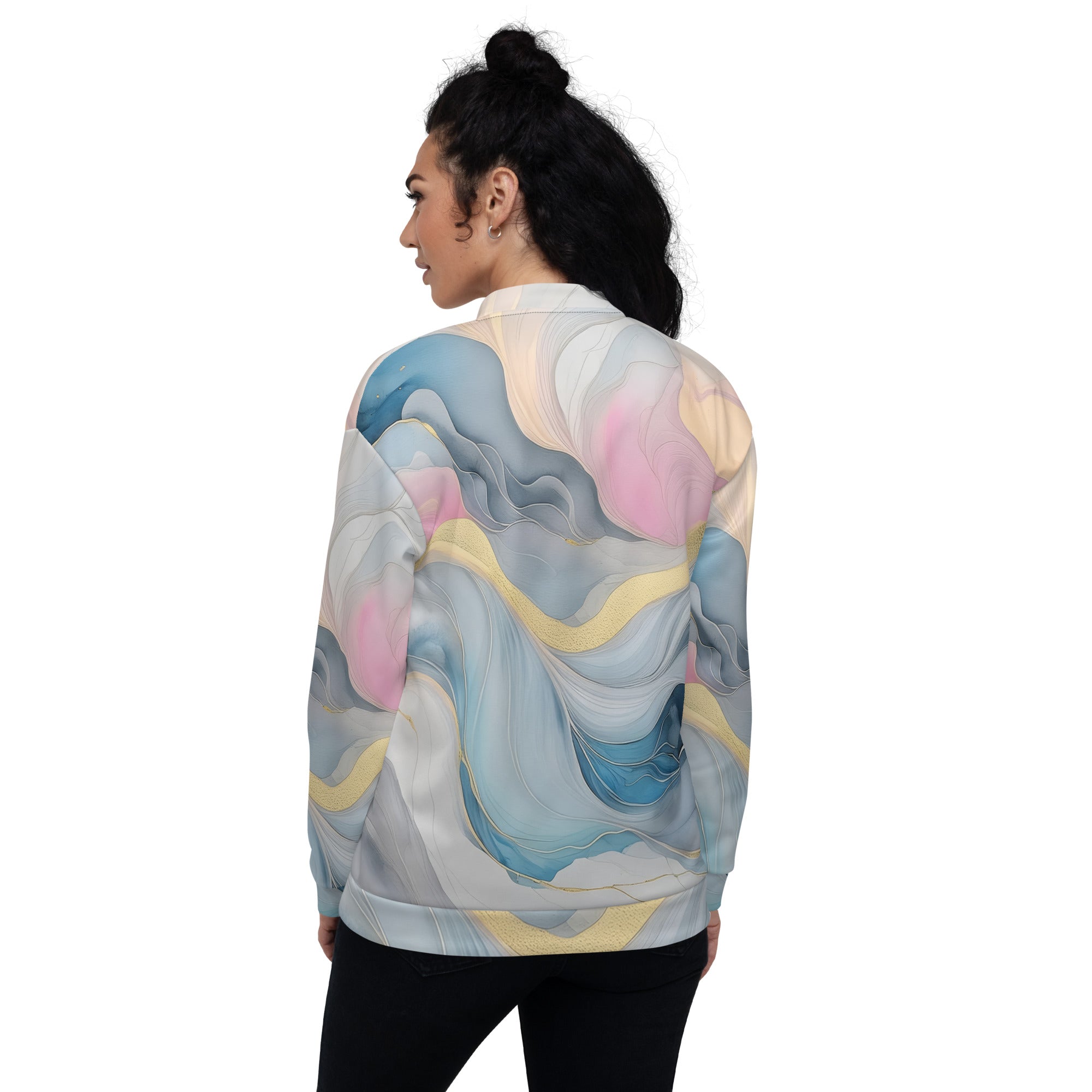 Women's bomber jacket featuring a marble cloud design in grey, pink, and blue, with zip-front closure and ribbed cuffs.