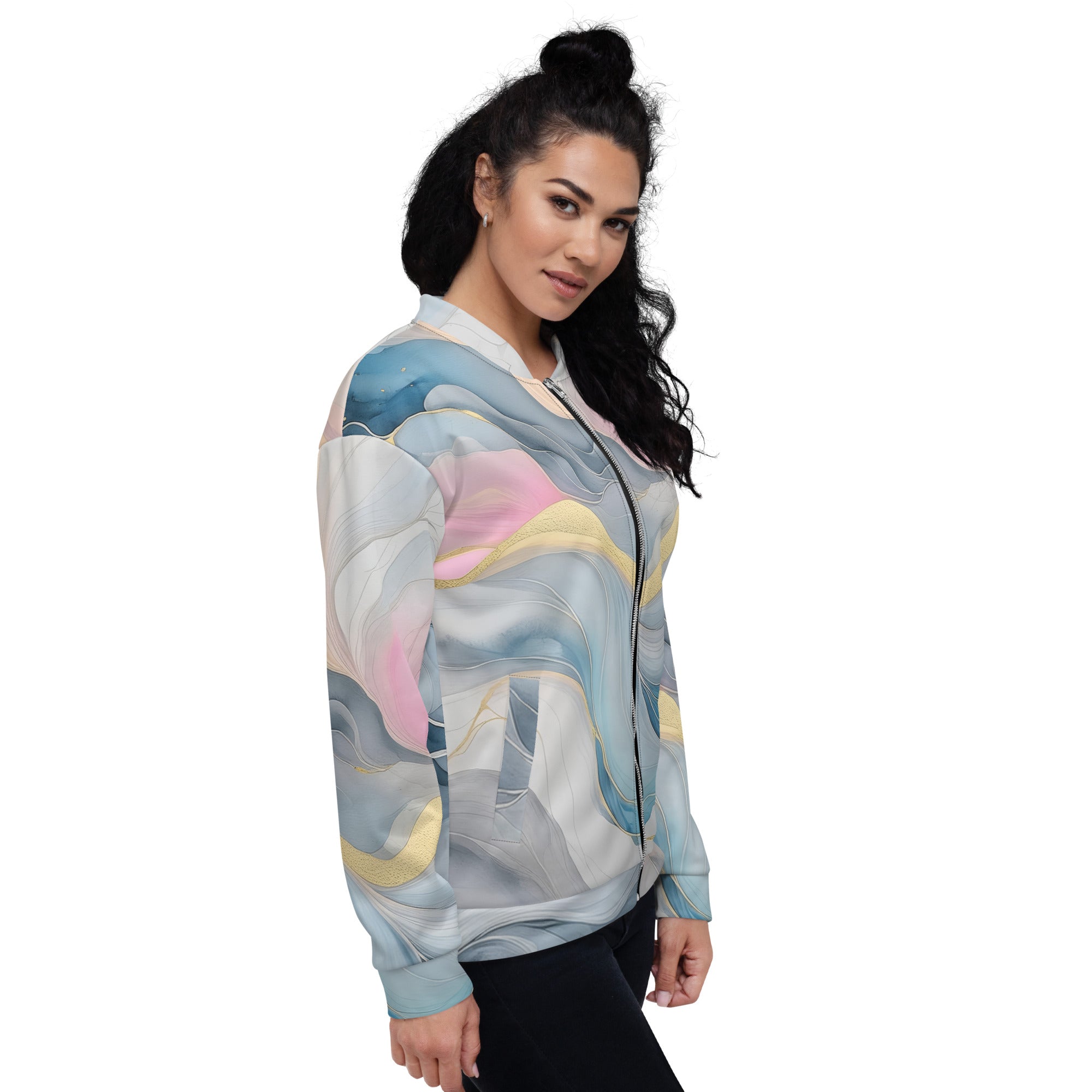 Women's bomber jacket featuring a marble cloud design in grey, pink, and blue, with zip-front closure and ribbed cuffs.