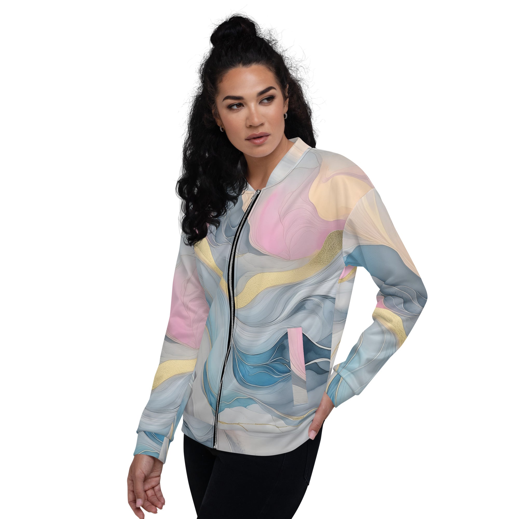 Women's bomber jacket featuring a marble cloud design in grey, pink, and blue, with zip-front closure and ribbed cuffs.