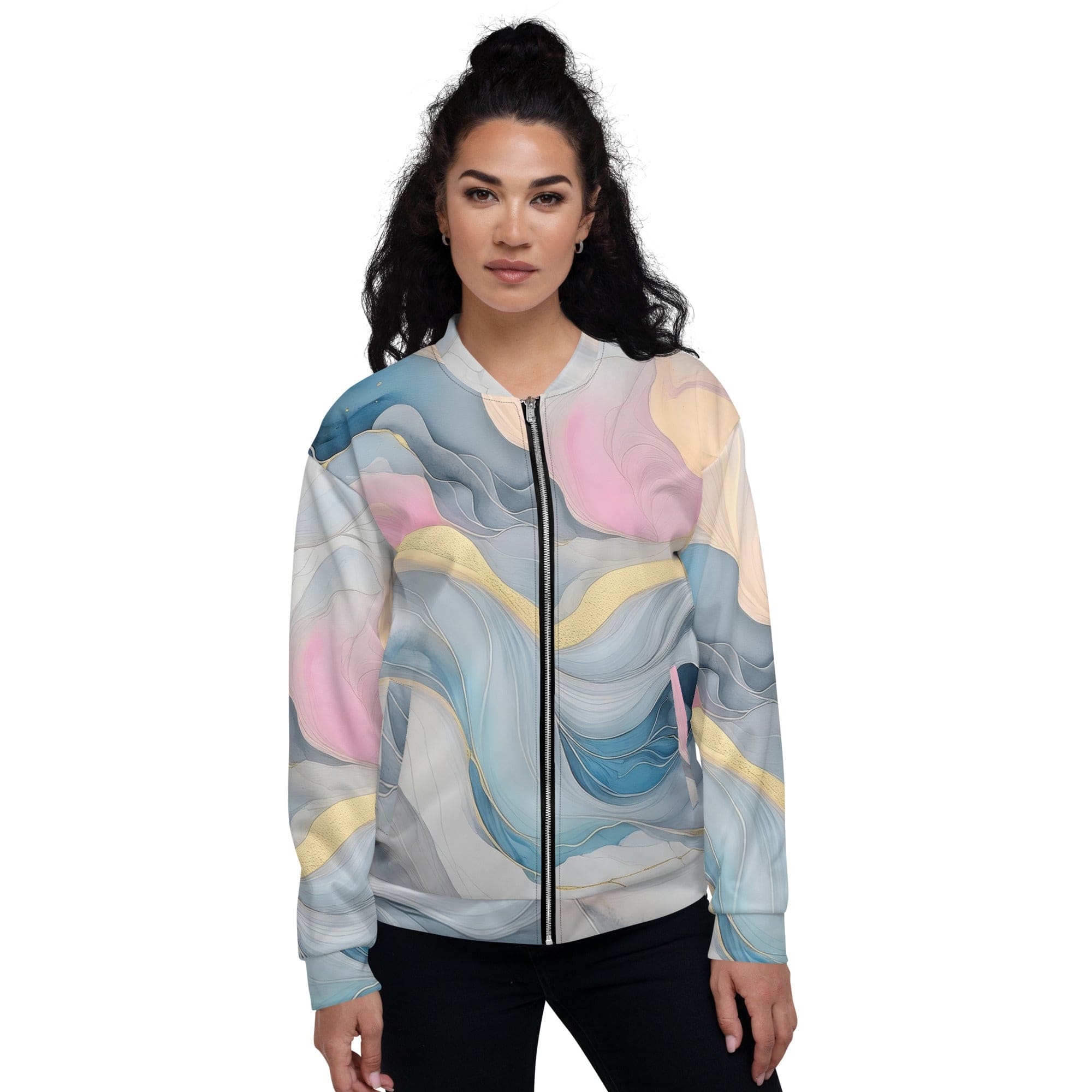 Women's bomber jacket featuring a marble cloud design in grey, pink, and blue, with zip-front closure and ribbed cuffs.