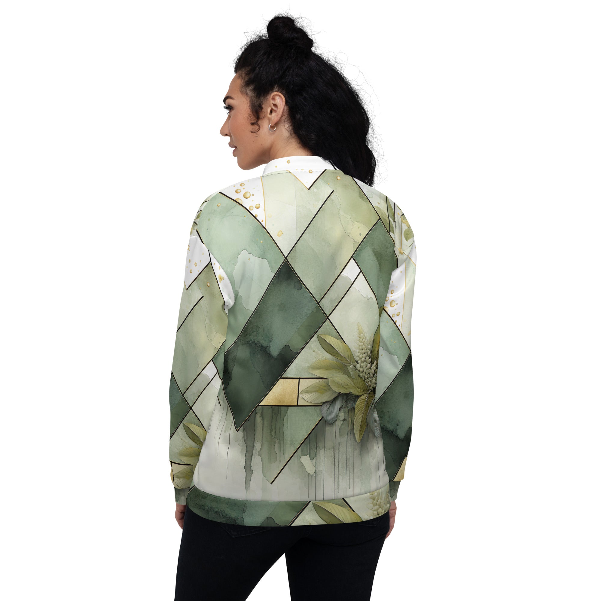 Women's bomber jacket in olive green with mint leaf geometric print, featuring zip-front closure and ribbed cuffs.