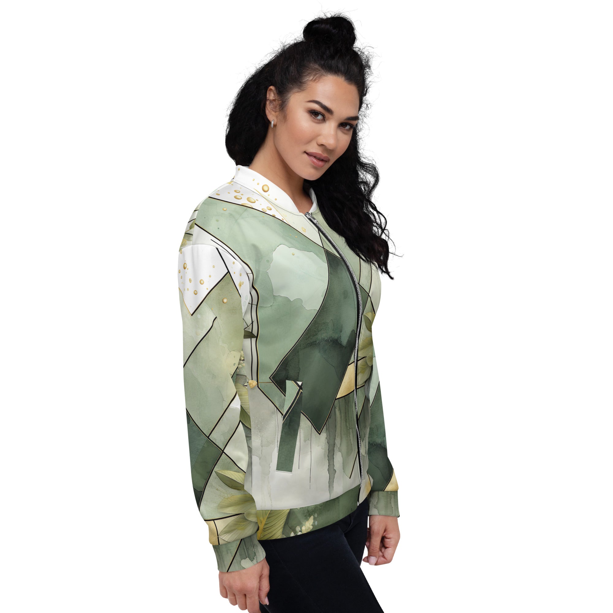 Women's bomber jacket in olive green with mint leaf geometric print, featuring zip-front closure and ribbed cuffs.