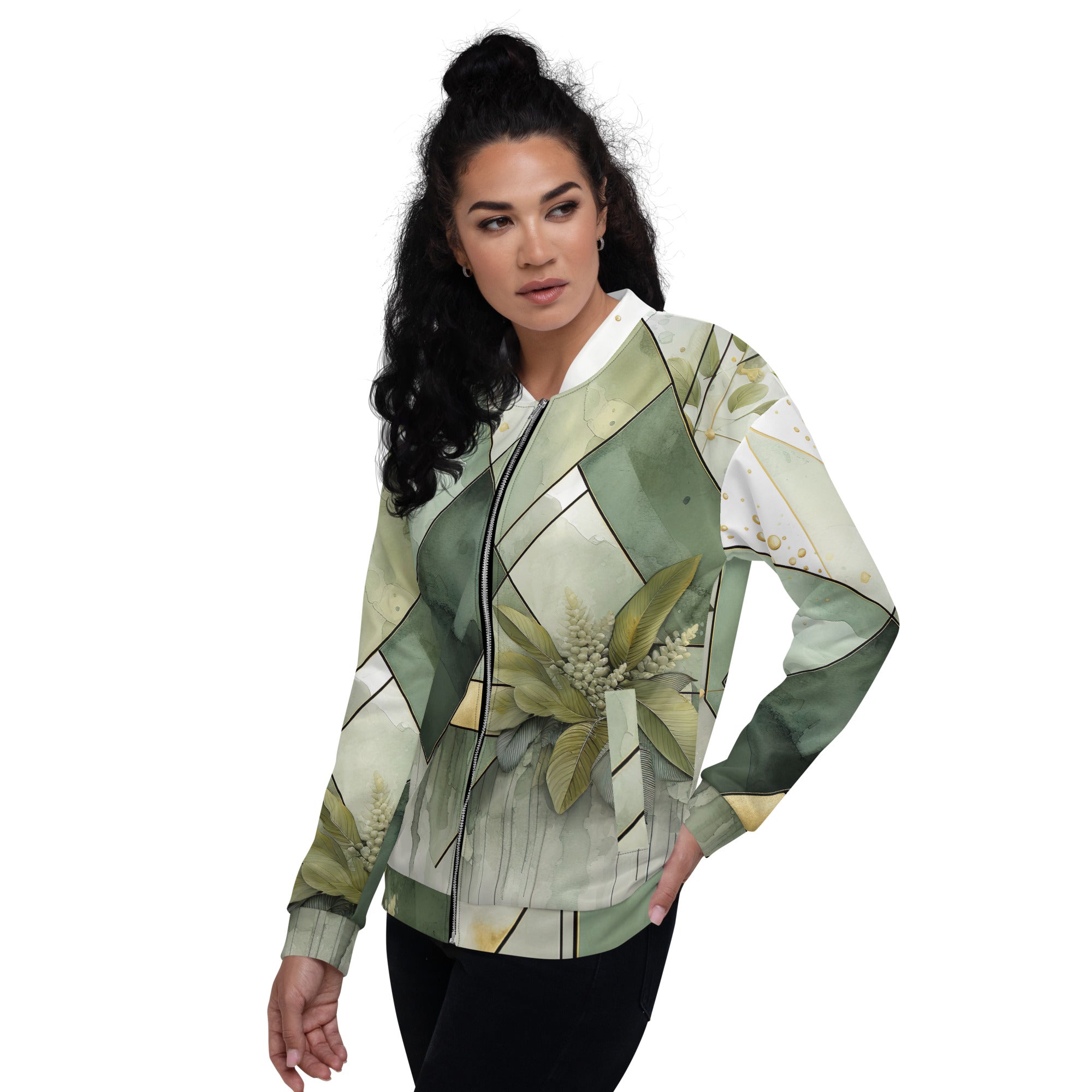 Women's bomber jacket in olive green with mint leaf geometric print, featuring zip-front closure and ribbed cuffs.