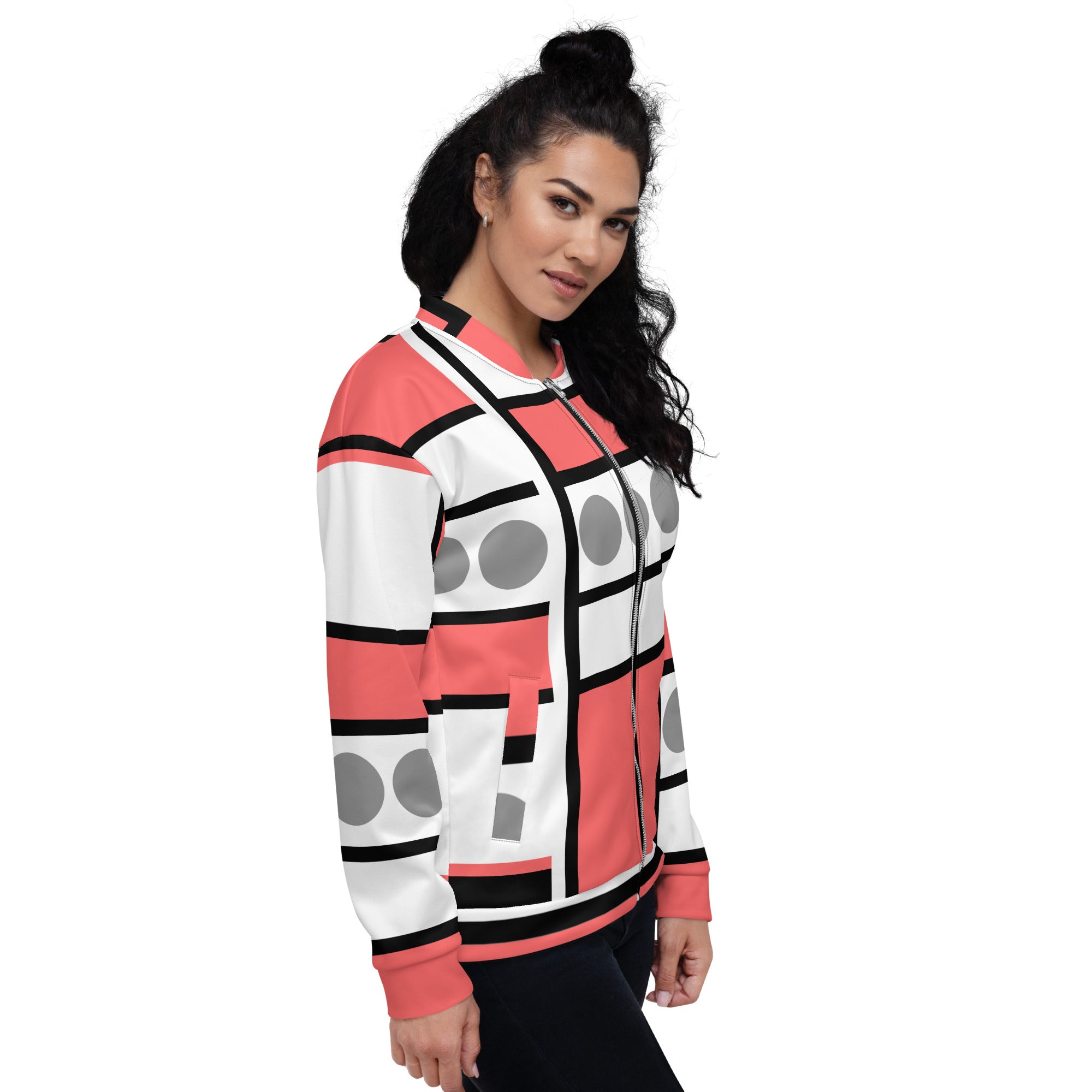 Women's Bomber Jacket in Pale Red Print featuring zip-front closure and ribbed cuffs, perfect for stylish layering.