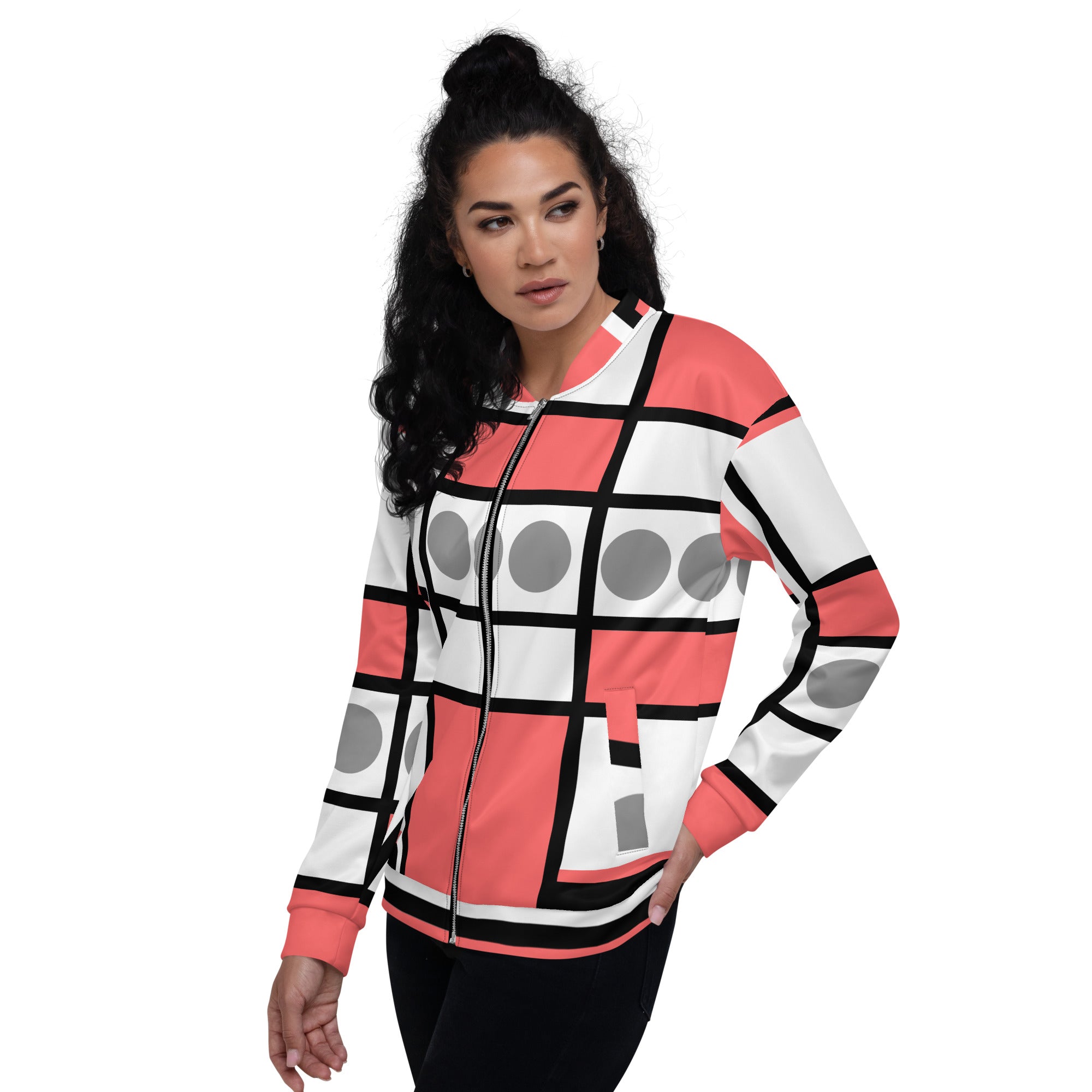 Women's Bomber Jacket in Pale Red Print featuring zip-front closure and ribbed cuffs, perfect for stylish layering.