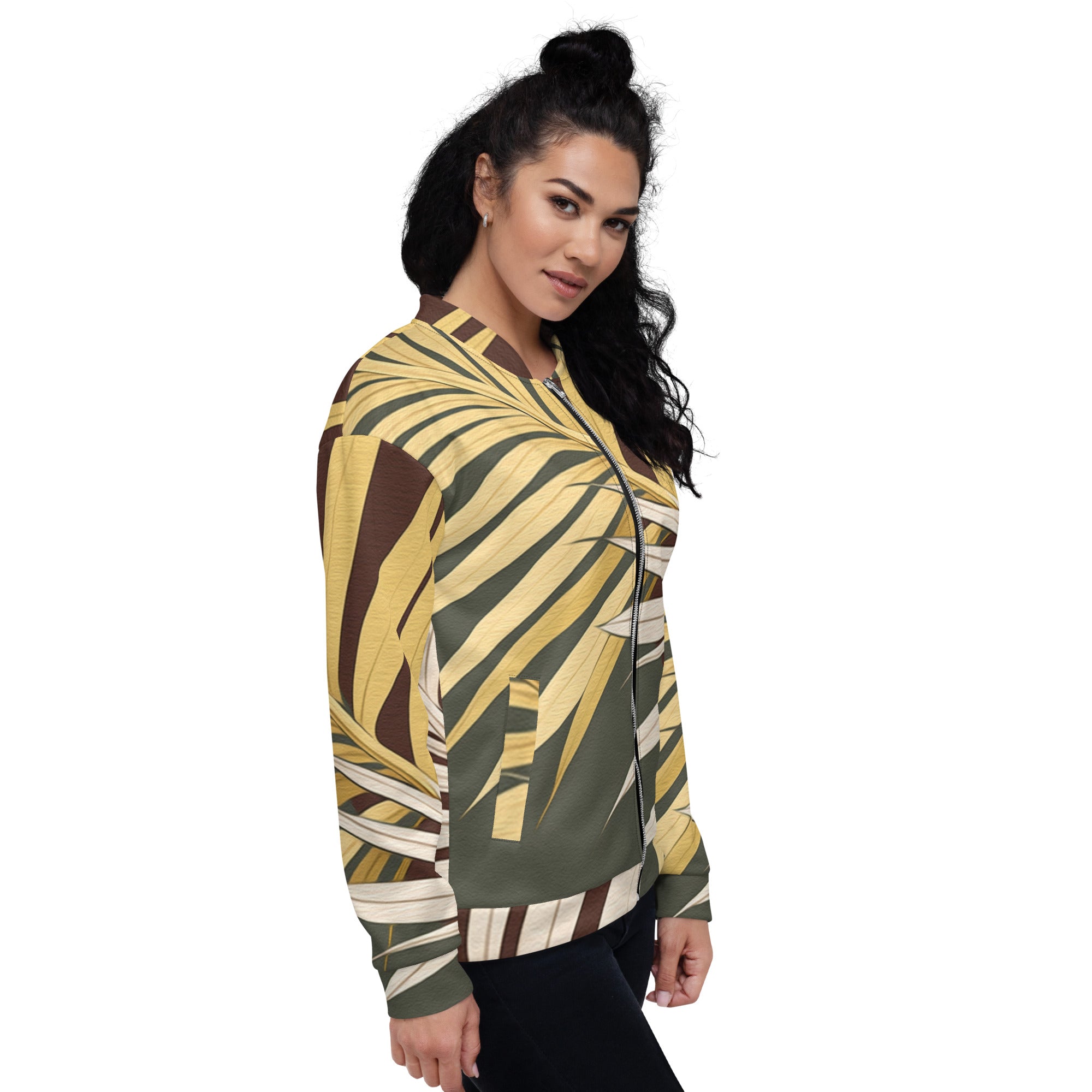 Women's bomber jacket featuring a vibrant palm tree leaves pattern, zip-front closure, and ribbed cuffs, perfect for stylish layering.