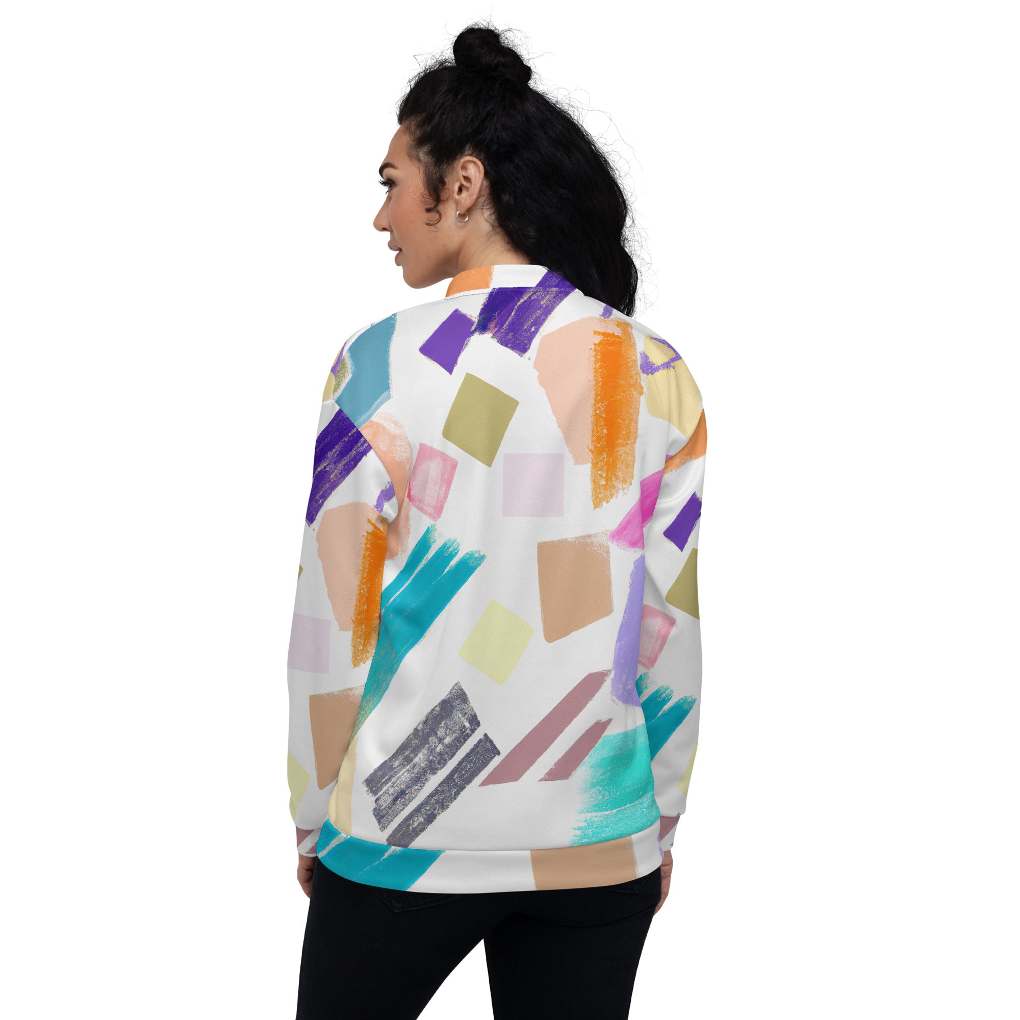 Women's bomber jacket featuring a trendy pastel pattern, zip-front closure, and ribbed cuffs, perfect for stylish layering.