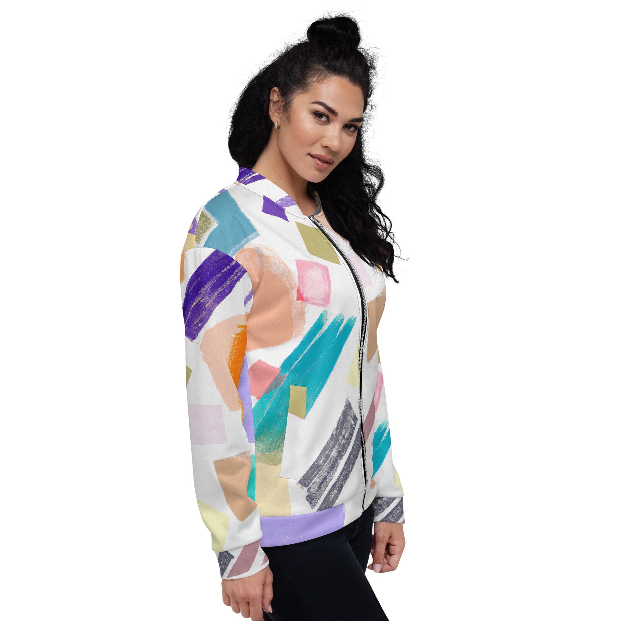 Women's bomber jacket featuring a trendy pastel pattern, zip-front closure, and ribbed cuffs, perfect for stylish layering.