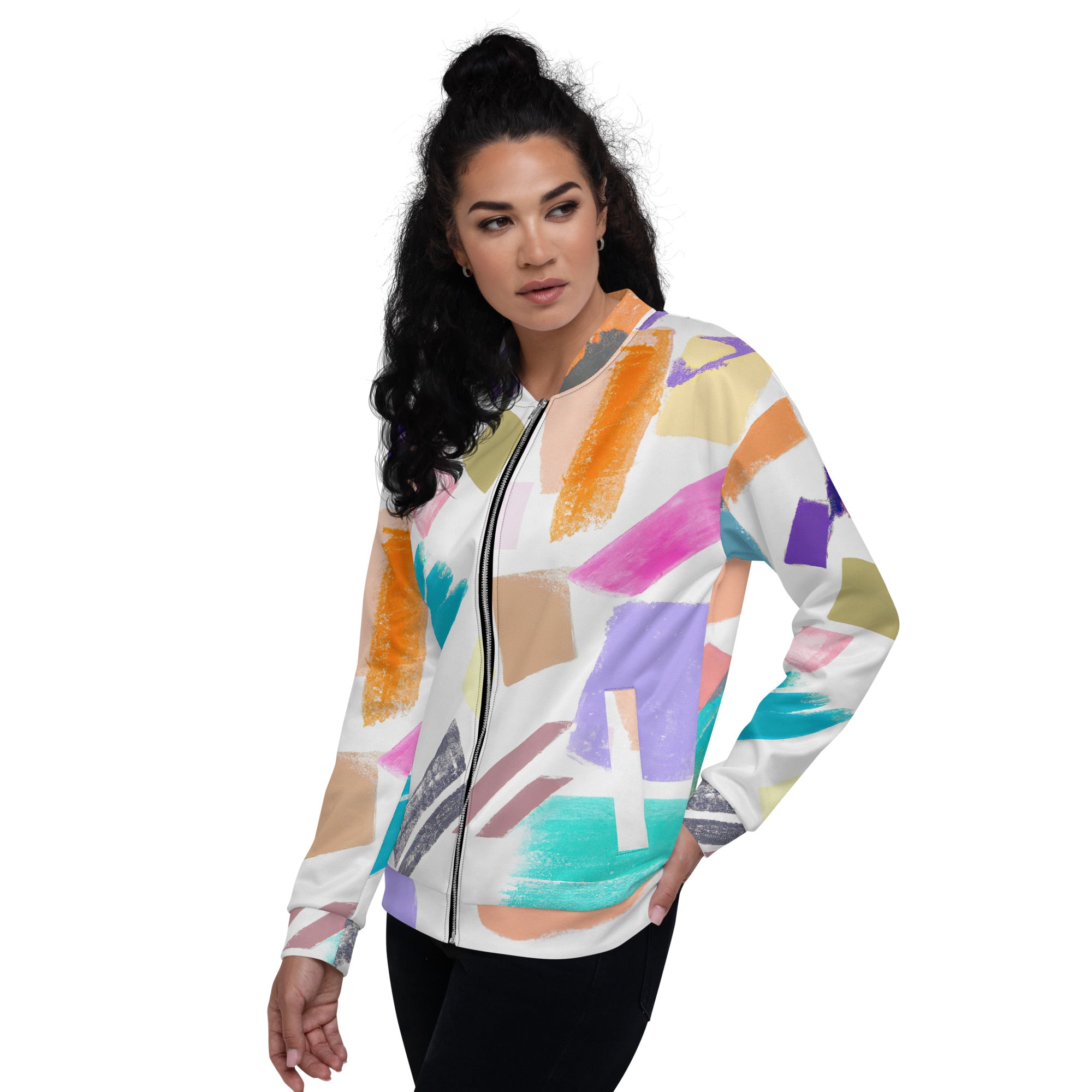 Women's bomber jacket featuring a trendy pastel pattern, zip-front closure, and ribbed cuffs, perfect for stylish layering.