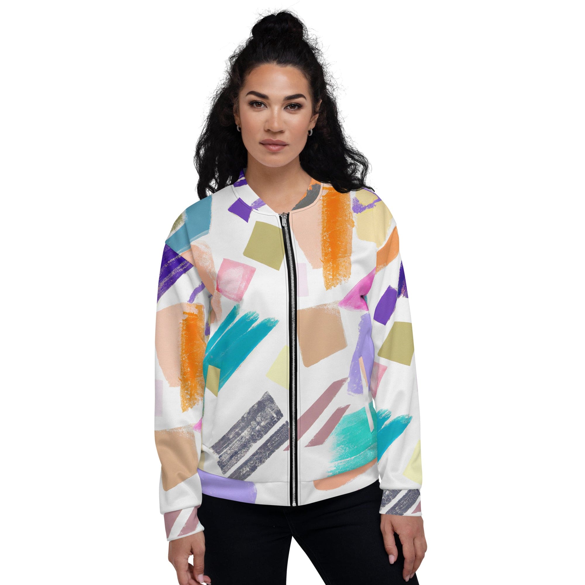 Women's bomber jacket featuring a trendy pastel pattern, zip-front closure, and ribbed cuffs, perfect for stylish layering.