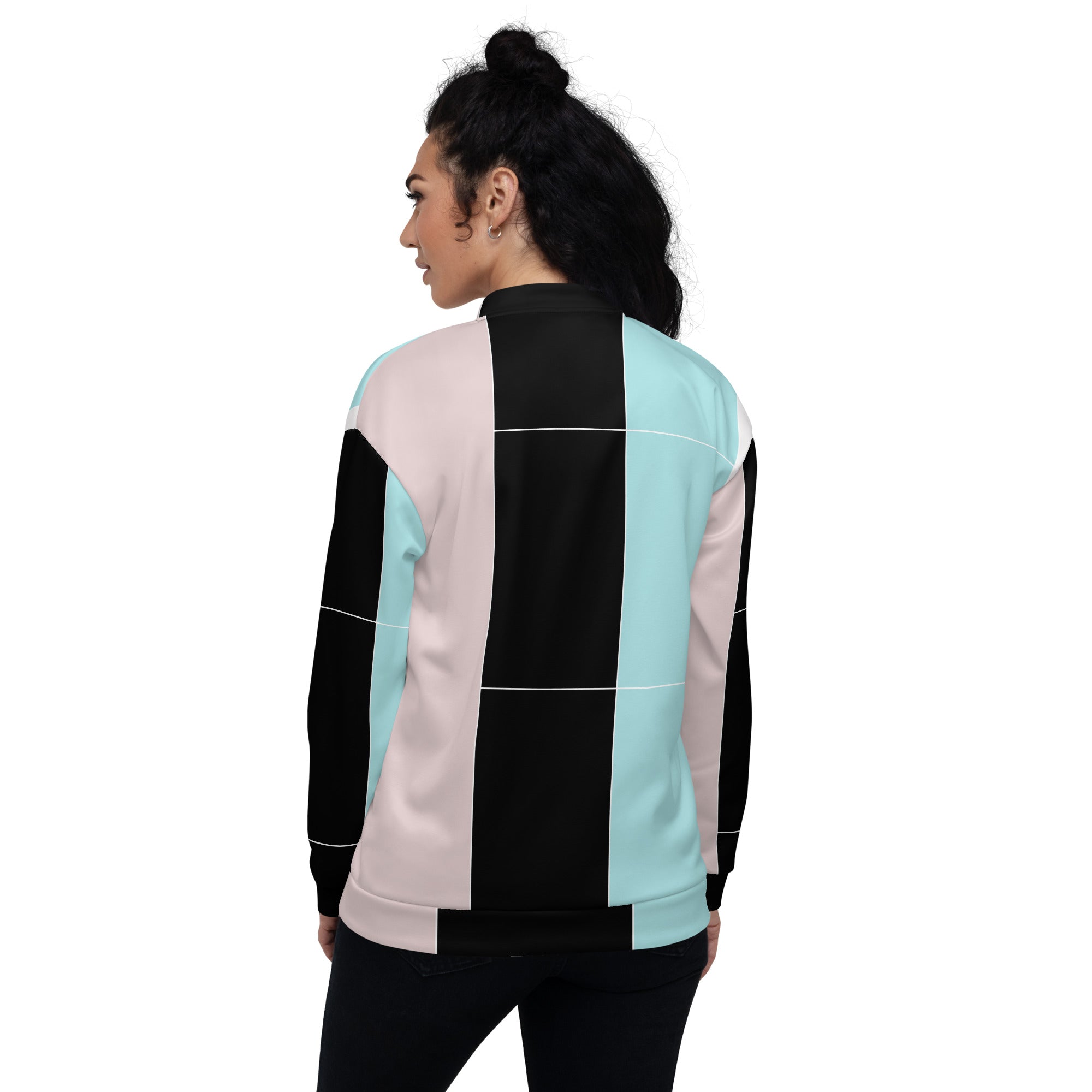 Women's bomber jacket in pastel pink, black, and blue colorblock design, featuring zip-front closure and ribbed cuffs.