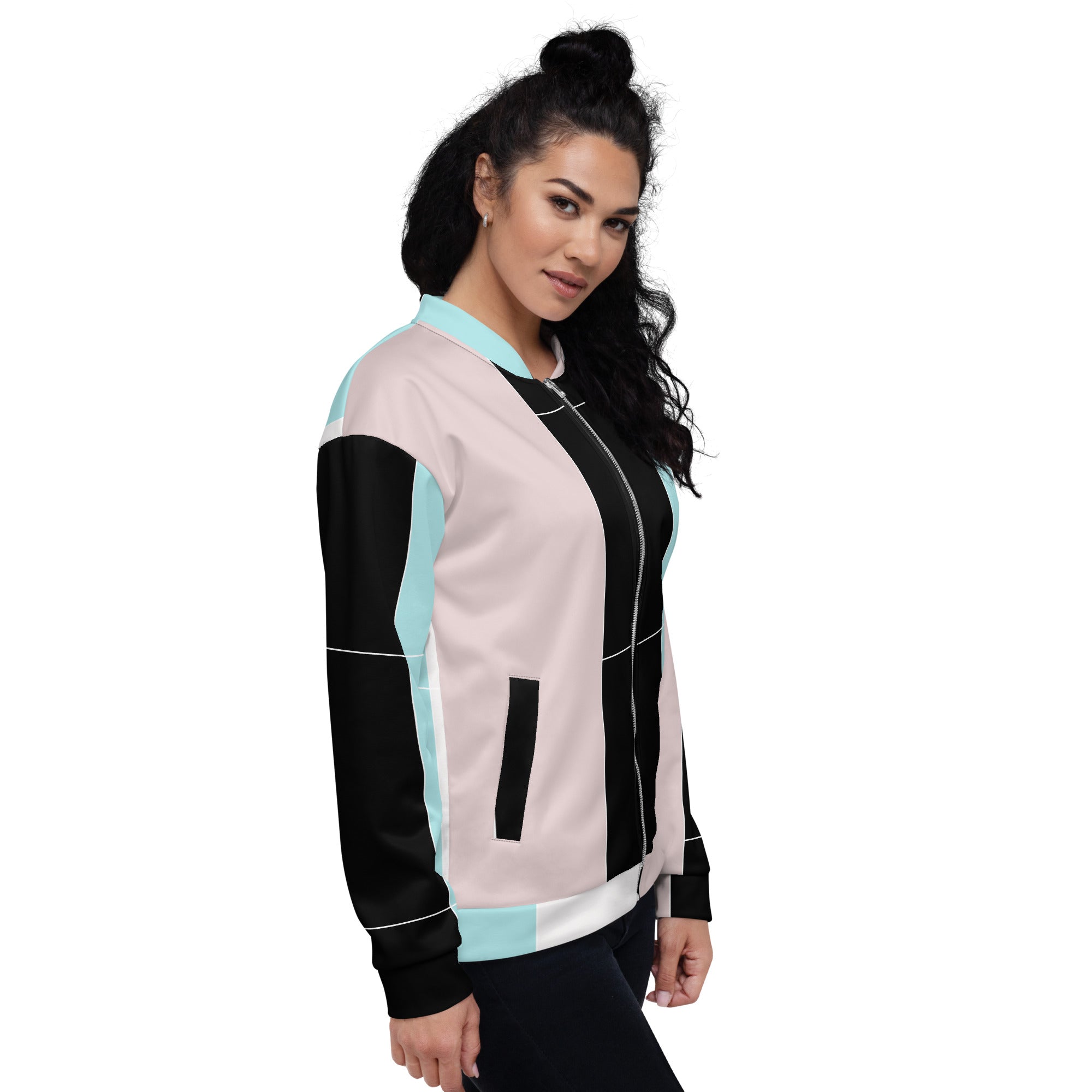 Women's bomber jacket in pastel pink, black, and blue colorblock design, featuring zip-front closure and ribbed cuffs.