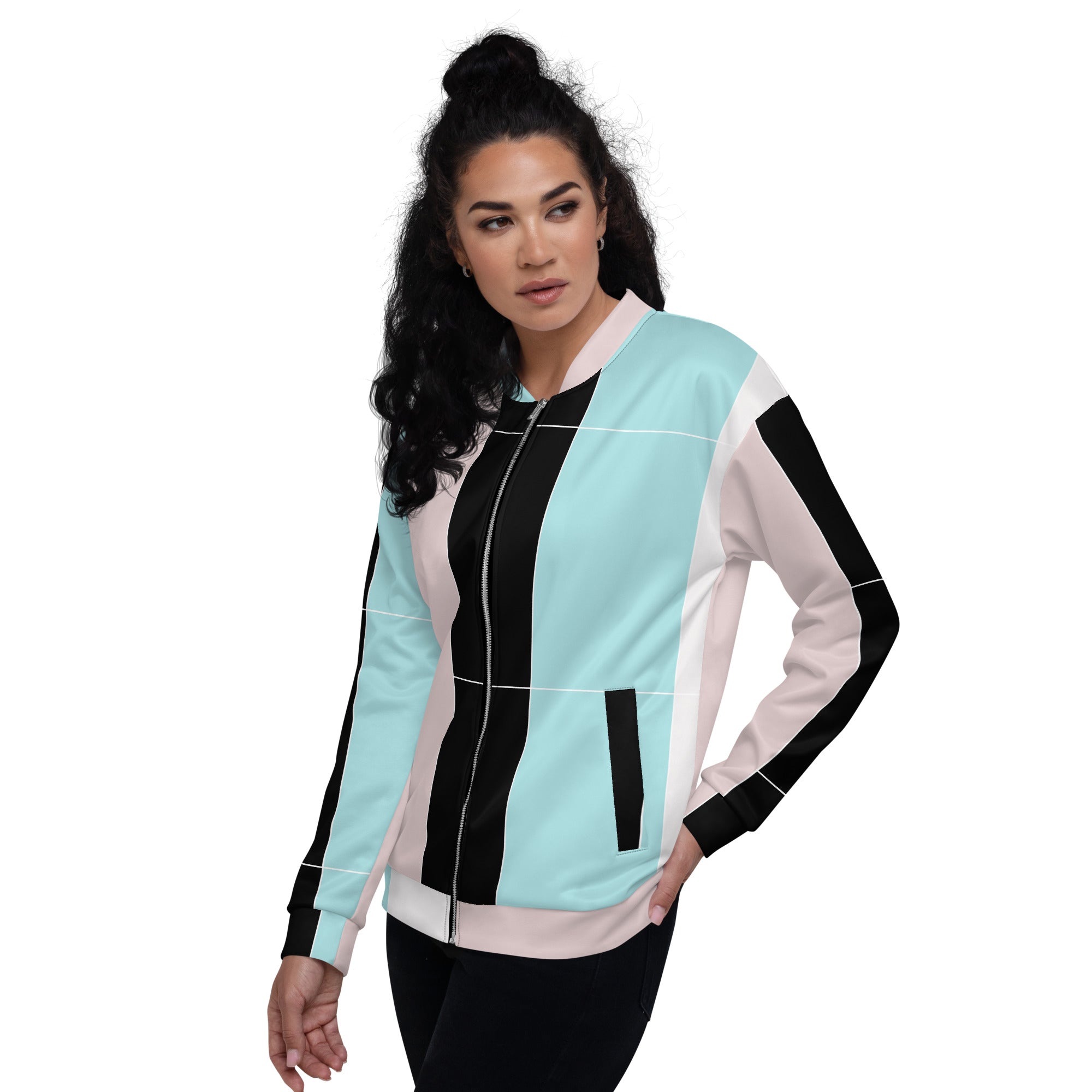 Women's bomber jacket in pastel pink, black, and blue colorblock design, featuring zip-front closure and ribbed cuffs.