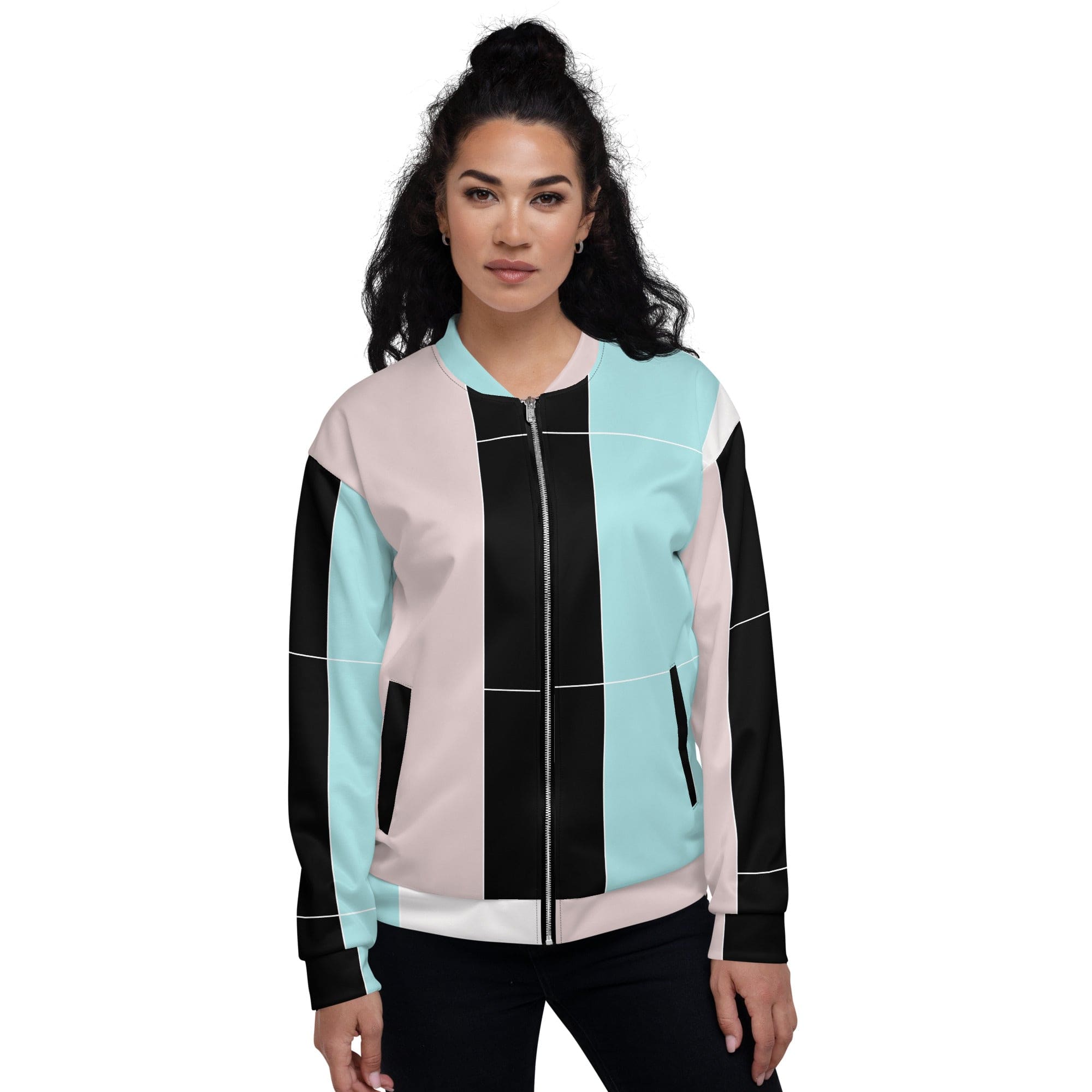 Women's bomber jacket in pastel pink, black, and blue colorblock design, featuring zip-front closure and ribbed cuffs.