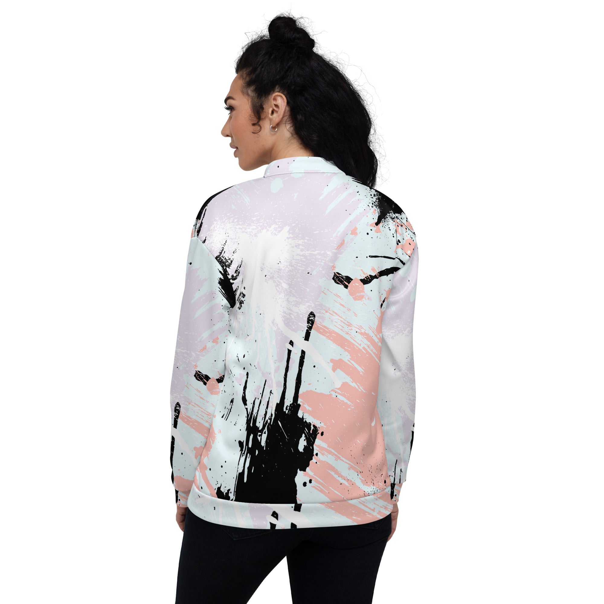 Women's bomber jacket featuring a pink and black abstract print, zip-front closure, and ribbed cuffs, perfect for stylish layering.