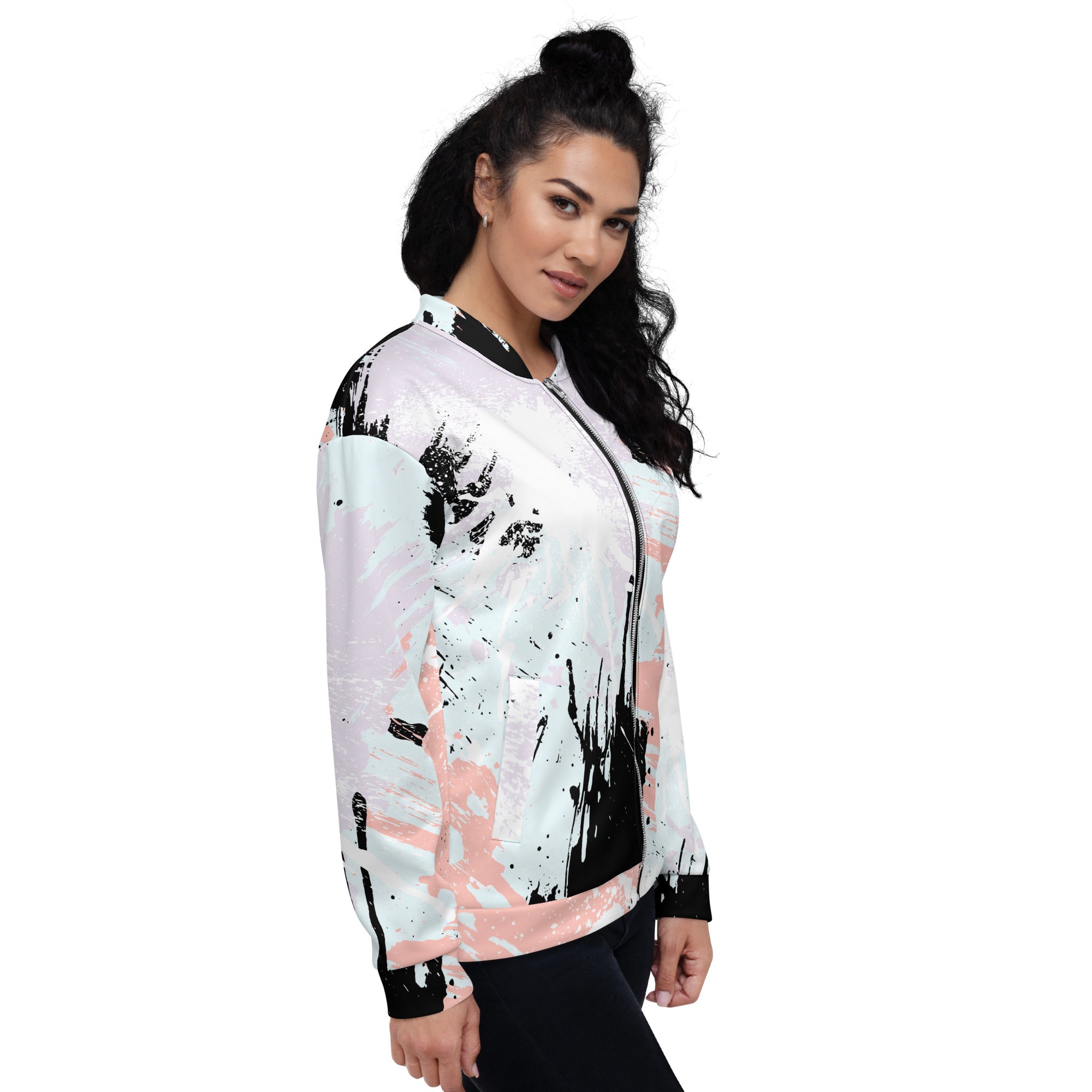 Women's bomber jacket featuring a pink and black abstract print, zip-front closure, and ribbed cuffs, perfect for stylish layering.