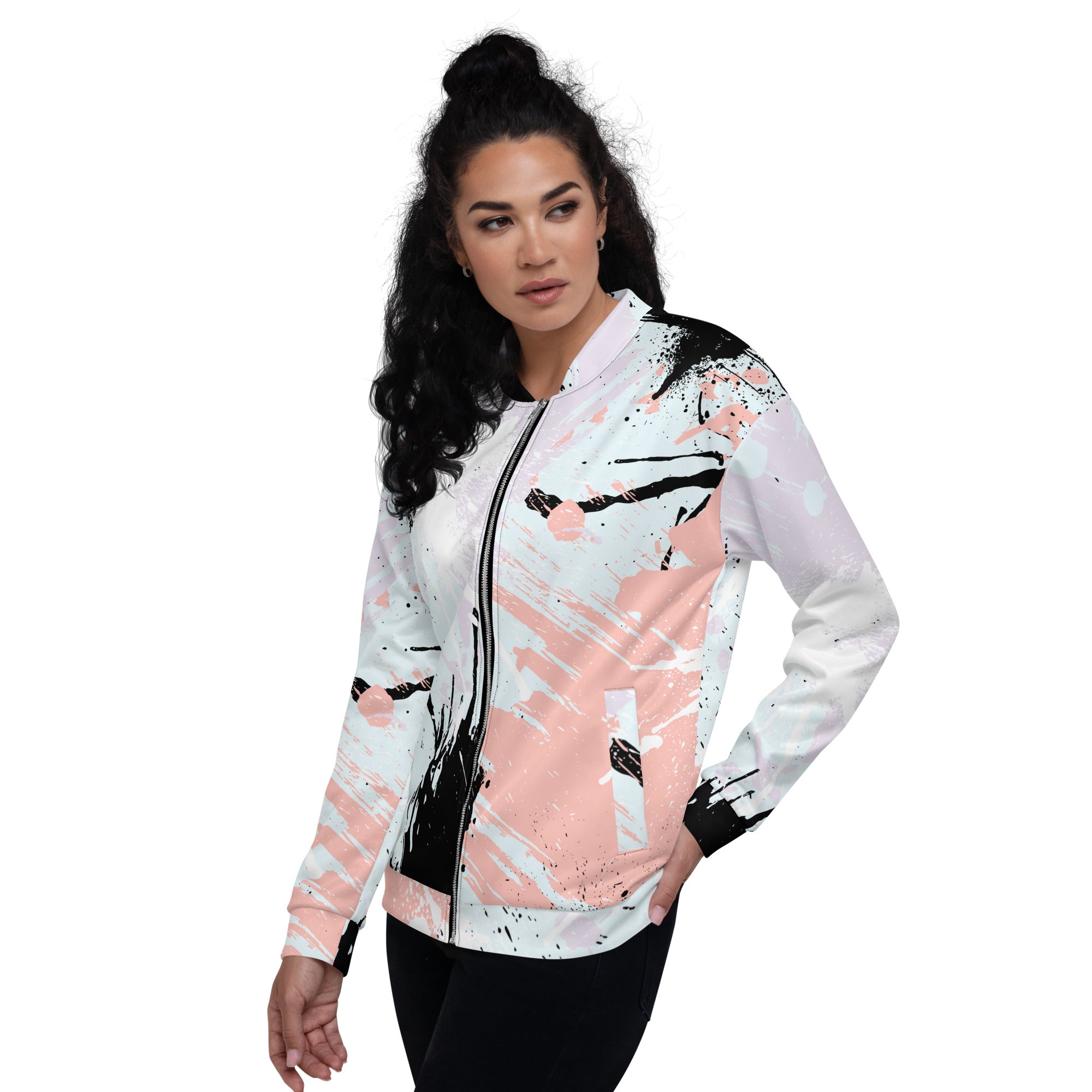 Women's bomber jacket featuring a pink and black abstract print, zip-front closure, and ribbed cuffs, perfect for stylish layering.