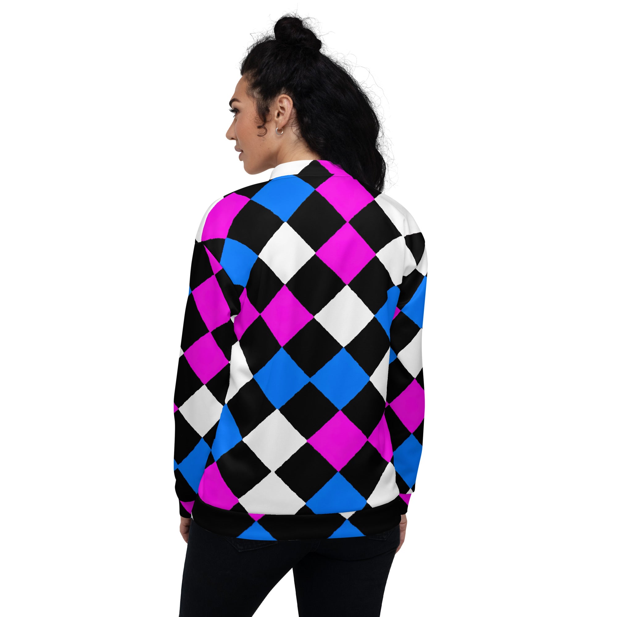 Women's bomber jacket featuring a pink and blue checkered pattern, zip-front closure, and ribbed cuffs, perfect for stylish layering.