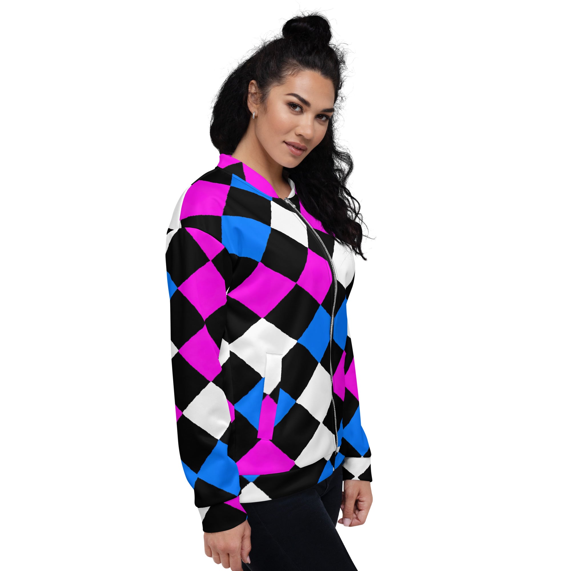 Women's bomber jacket featuring a pink and blue checkered pattern, zip-front closure, and ribbed cuffs, perfect for stylish layering.