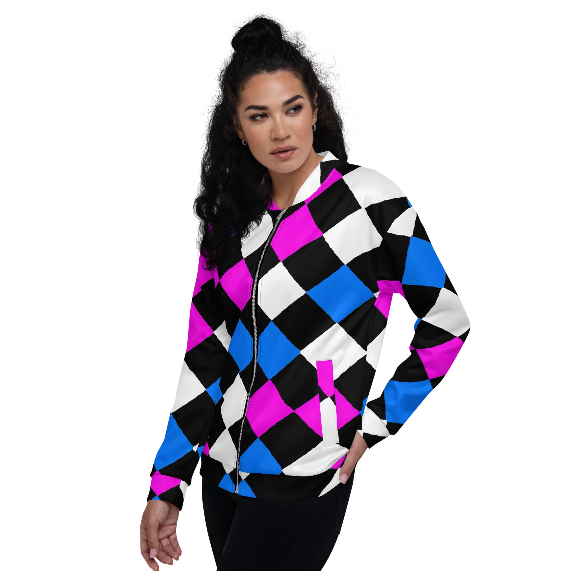 Women's bomber jacket featuring a pink and blue checkered pattern, zip-front closure, and ribbed cuffs, perfect for stylish layering.