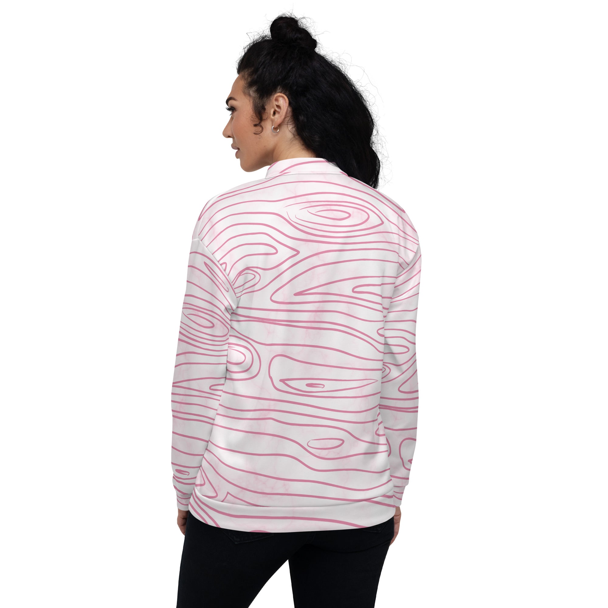 Women's bomber jacket featuring a pink line art sketch print, zip-front closure, and ribbed cuffs, ideal for stylish layering.